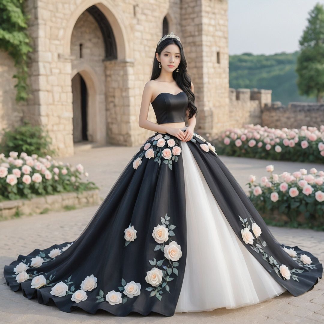  masterpiece,1 girl,cute,sweet,Look at me,Long hair,Black hair,grace,Whole body,Skirt,A dream scene,Castle,Petal,Black wedding dress,Roses on the skirt,Rose skirt,Outdoor,textured skin,super detail,best quality,,