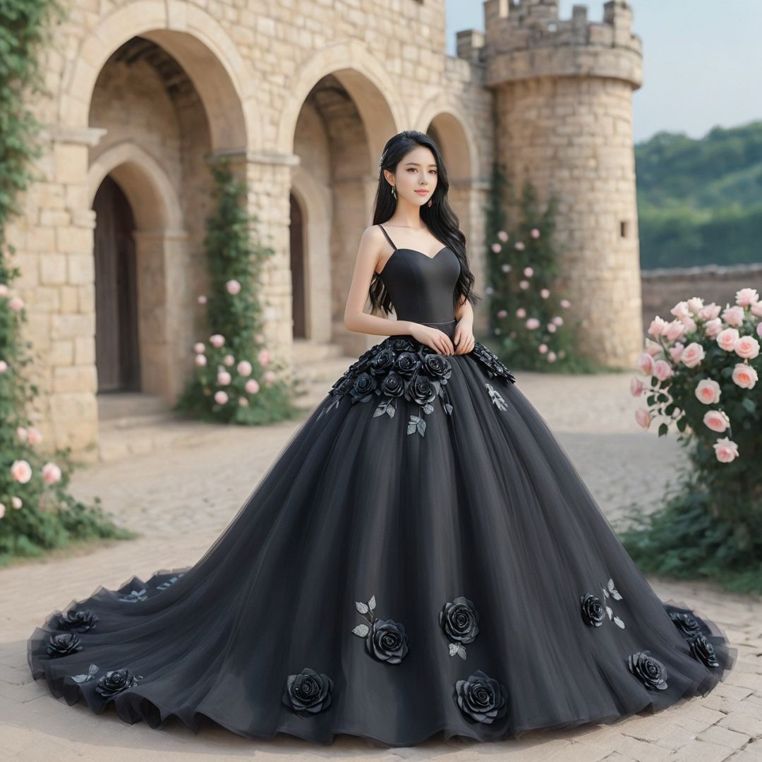  masterpiece,1 girl,cute,sweet,Look at me,Long hair,Black hair,grace,Whole body,Skirt,A dream scene,Castle,Petal,Black wedding dress,Roses on the skirt,Rose skirt,Outdoor,textured skin,super detail,best quality,,