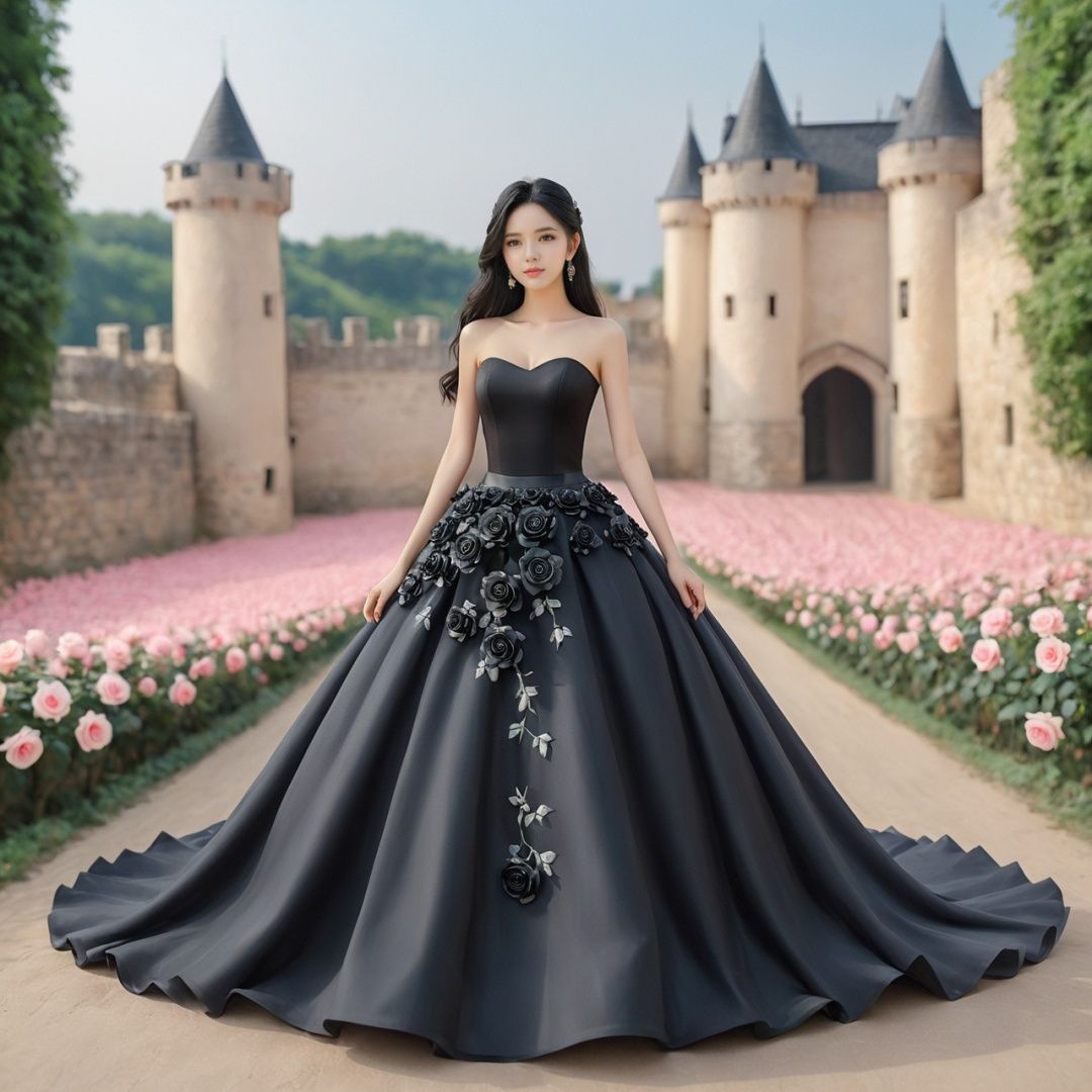  masterpiece,1 girl,cute,sweet,Look at me,Long hair,Black hair,grace,Whole body,Skirt,A dream scene,Castle,Petal,Black wedding dress,Roses on the skirt,Rose skirt,Outdoor,textured skin,super detail,best quality,,