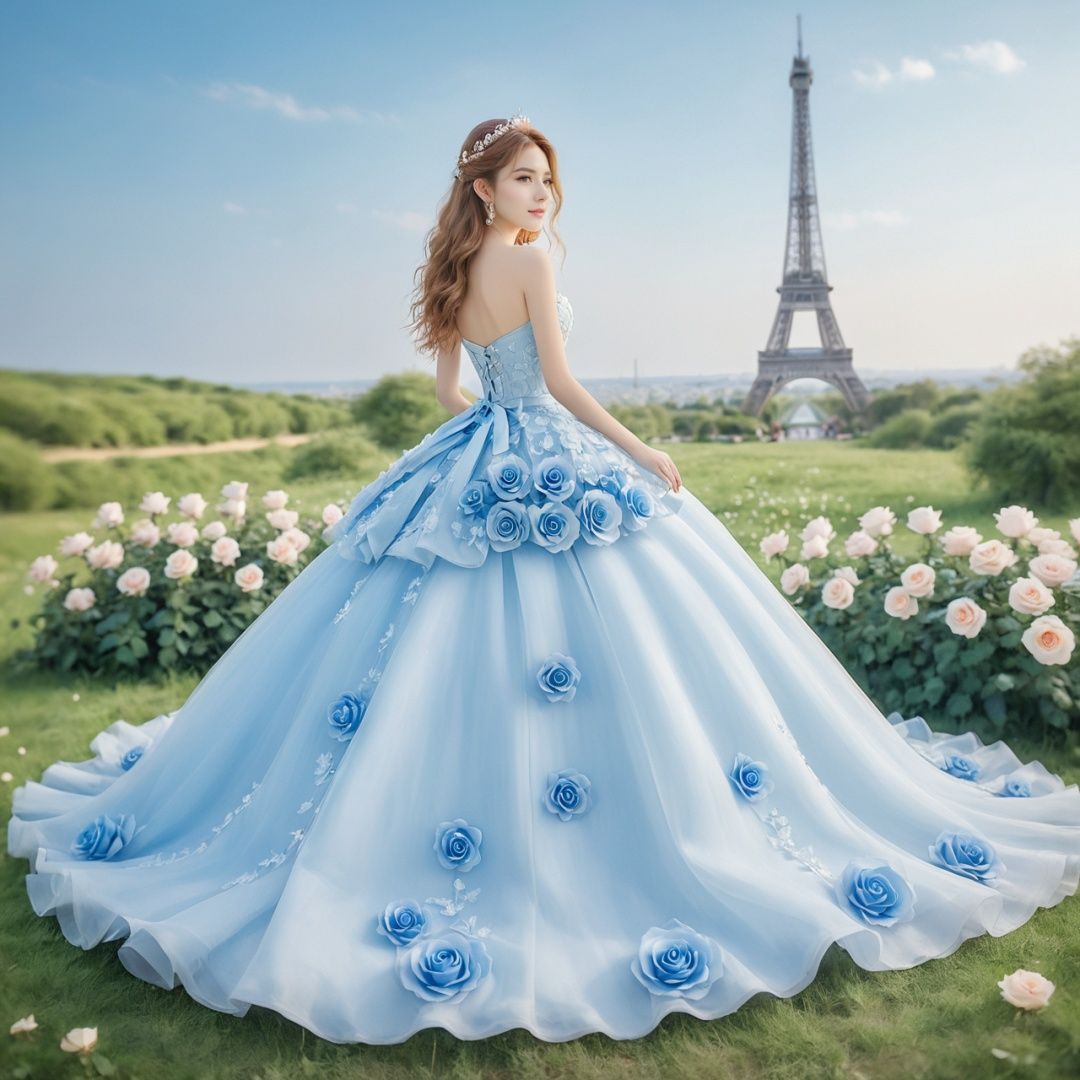  masterpiece,1 girl,cute,sweet,Look at me,Long hair,Tea hair,grace,Wedding dress,Whole body,Skirt,A dream scene,La Tour Eiffel,Grassland,Petal,Blue wedding dress,Roses on the skirt,Rose skirt,textured skin,super detail,best quality,,