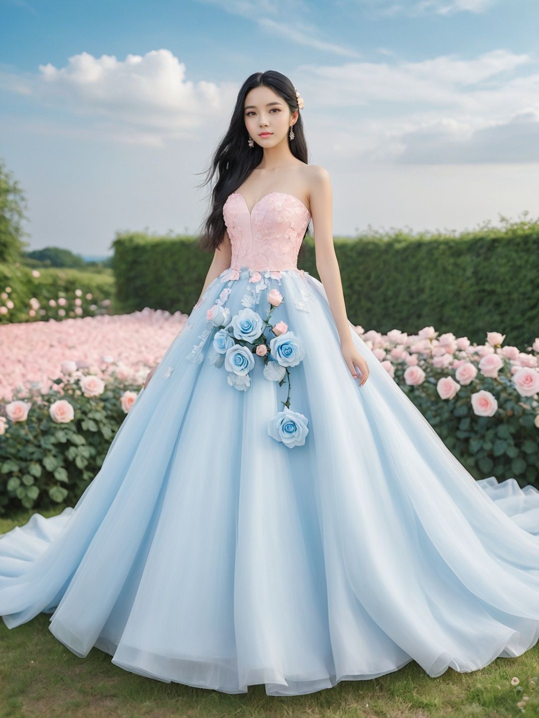  masterpiece,1 girl,22 years old,Look at me,Exquisite makeup,Black hair,Long hair,Pink wedding dress,Outdoor,Light blue sky,Clouds,Garden,Stand,In the middle of the picture,Whole body,Plenty of roses,textured skin,super detail,best quality,,