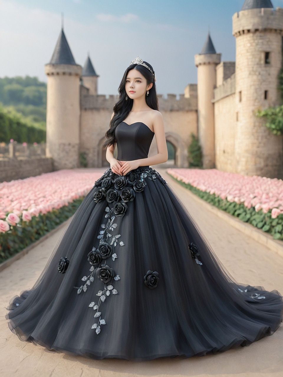 masterpiece, 1 girl, cute, sweet, Look at me, Long hair, Black hair, grace, Whole body, Skirt, A dream scene, Castle, Petal, Black wedding dress, Roses on the skirt, Rose skirt, Outdoor, Diamond Crown, Close-up, textured skin, super detail, best quality