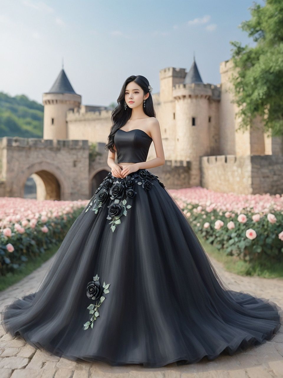  masterpiece,1 girl,cute,sweet,Look at me,Long hair,Black hair,grace,Whole body,Skirt,A dream scene,Castle,Petal,Black wedding dress,Roses on the skirt,Rose skirt,Outdoor,textured skin,super detail,best quality,Close-up,,