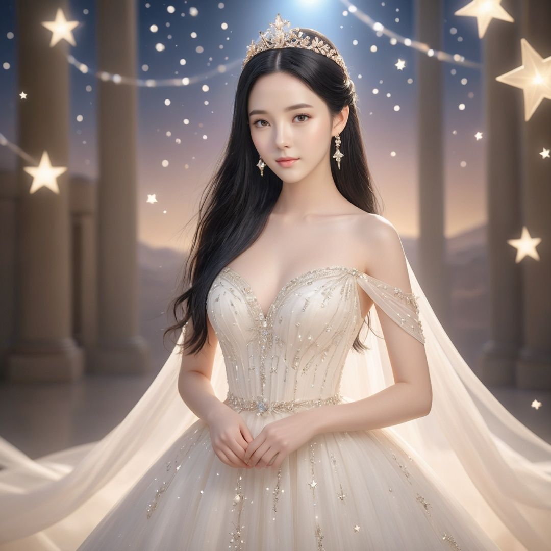 masterpiece, 1girl, Long hair, Black hair, Look at me, cute, lovely, sweet, among stars, long dress, pretty face, dynamic angle, masterpiece, ultra-highres, 8k wallpaper, CG unity, delicate lighting and shadows, delicate details, perfect hands, Diamond Crown, best quality, textured skin, super detail