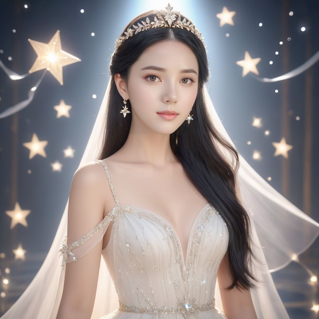  masterpiece, 1girl, Long hair, Black hair, Look at me, cute, lovely, sweet, among stars, long dress, pretty face, dynamic angle, masterpiece, ultra-highres, 8k wallpaper, CG unity, delicate lighting and shadows, delicate details, perfect hands, Diamond Crown, best quality, textured skin, super detail