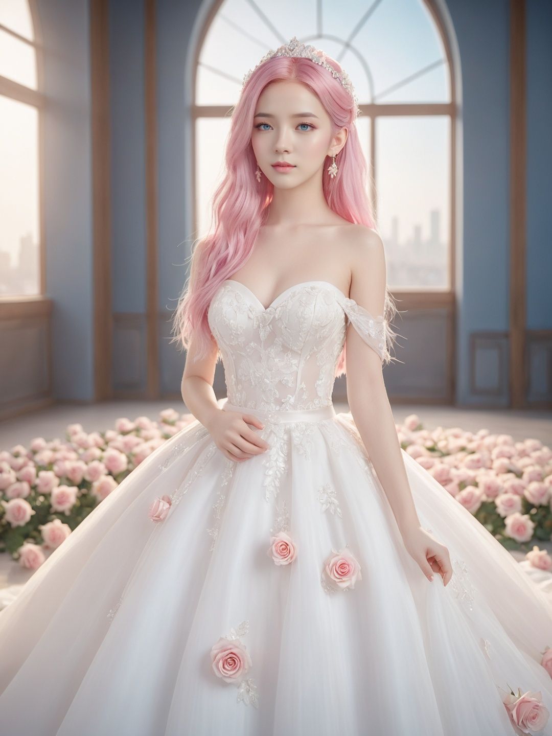  masterpiece, 1 girl, 22 years old, Look at me, Exquisite makeup, Pink hair., Long hair, white wedding dress, Wipe the chest, Indoor, Exquisite decoration, Bright light, Stand, In the middle of the picture, Whole body, Plenty of roses, textured skin, super detail, best quality,Future City,FilmGirl,blue and white porcelain,