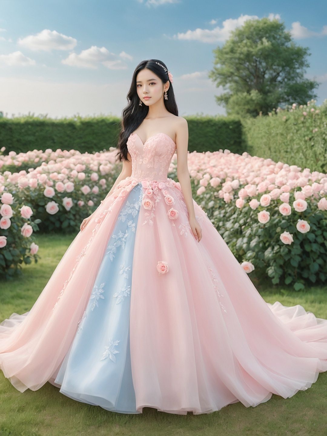  masterpiece,1 girl,22 years old,Look at me,Exquisite makeup,Black hair,Long hair,Pink wedding dress,Outdoor,Light blue sky,Clouds,Garden,Stand,In the middle of the picture,Whole body,Plenty of roses,textured skin,super detail,best quality,,