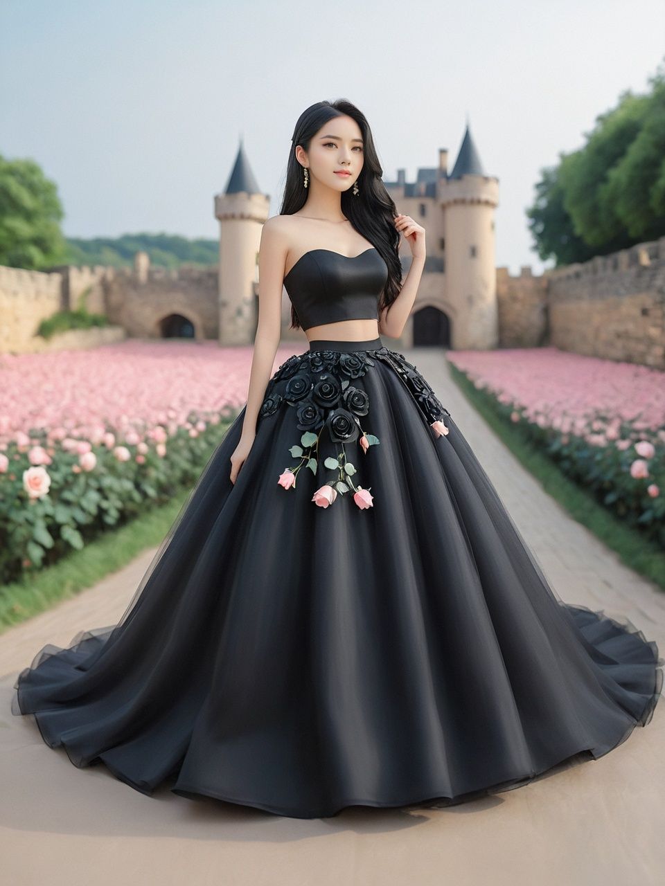  masterpiece,1 girl,cute,sweet,Look at me,Long hair,Black hair,grace,Whole body,Skirt,A dream scene,Castle,Petal,Black wedding dress,Roses on the skirt,Rose skirt,Outdoor,textured skin,super detail,best quality,Close-up,,