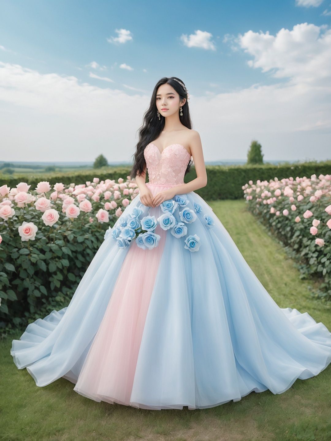  masterpiece,1 girl,22 years old,Look at me,Exquisite makeup,Black hair,Long hair,Pink wedding dress,Outdoor,Light blue sky,Clouds,Garden,Stand,In the middle of the picture,Whole body,Plenty of roses,textured skin,super detail,best quality,,