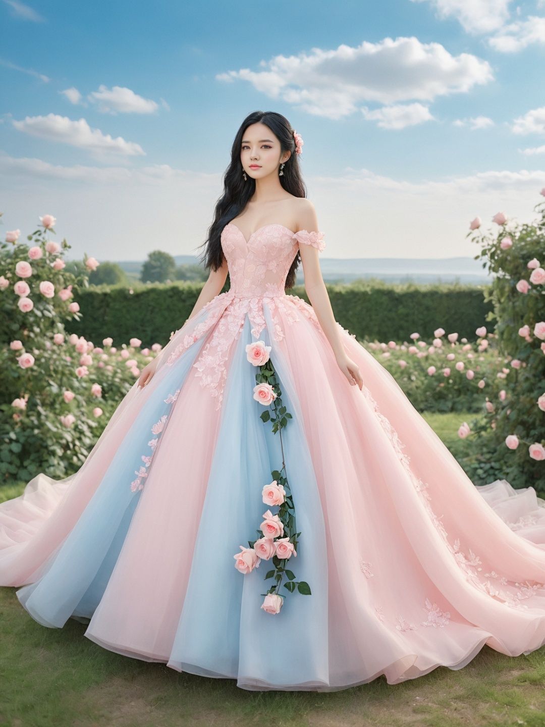  masterpiece,1 girl,22 years old,Look at me,Exquisite makeup,Black hair,Long hair,Pink wedding dress,Outdoor,Light blue sky,Clouds,Garden,Stand,In the middle of the picture,Whole body,Plenty of roses,textured skin,super detail,best quality,,