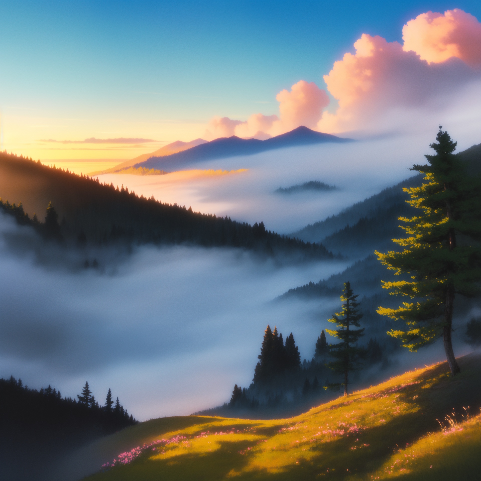 ghibli,  Scenery of sunrise,  mountains on Tensor.Art