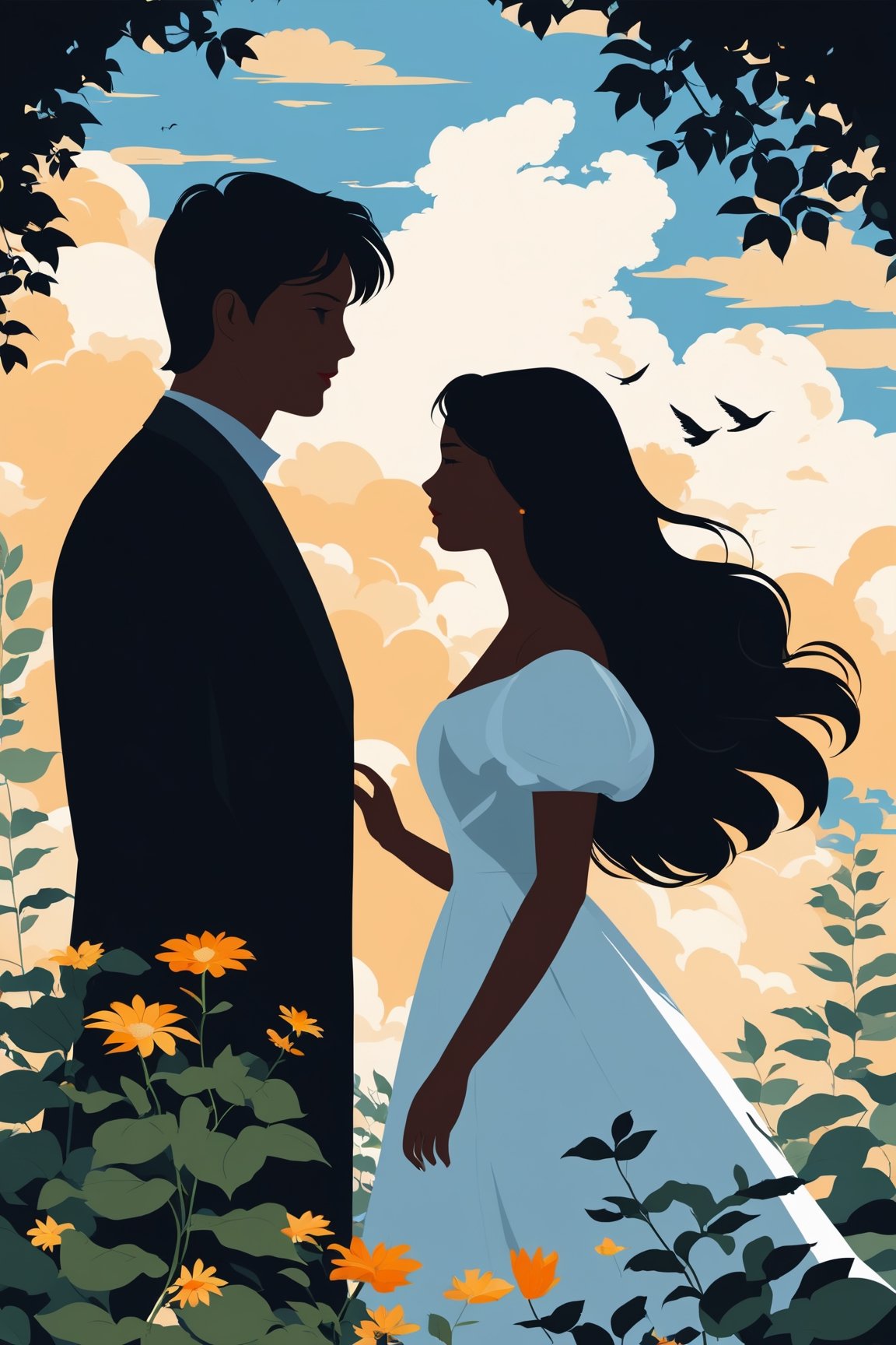 shadow flat vector art, vector illustration,masterpiece,best quality,1girl,couple, plant, long hair, dress, wide shot, white dress, cloud, flower, black hair, leaf, profile, sky, outdoors, flower, bird