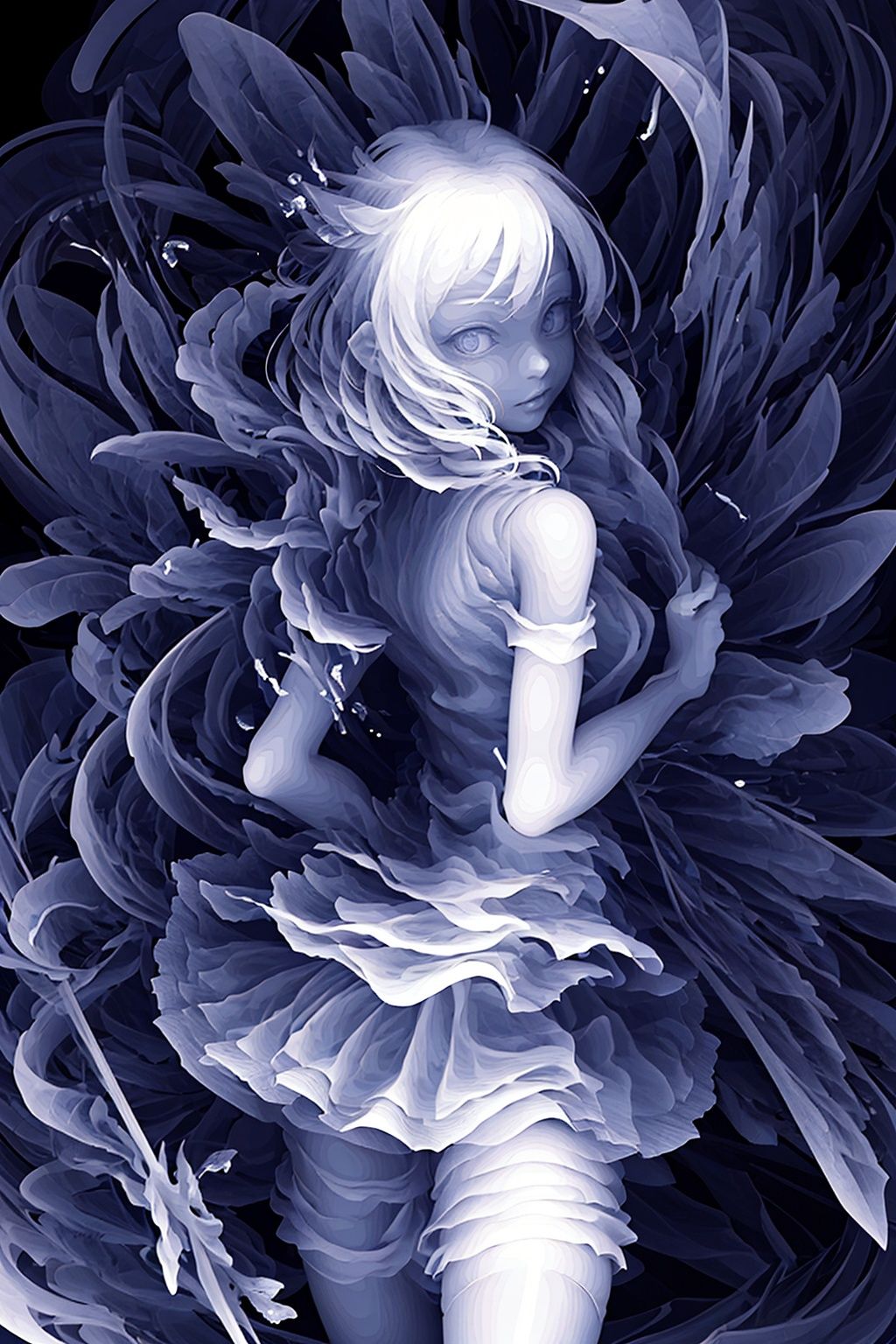  masterpiece, best quality, ultra high res, (extreme detailed), (1 beautiful girl),white blue theme,wings on back,