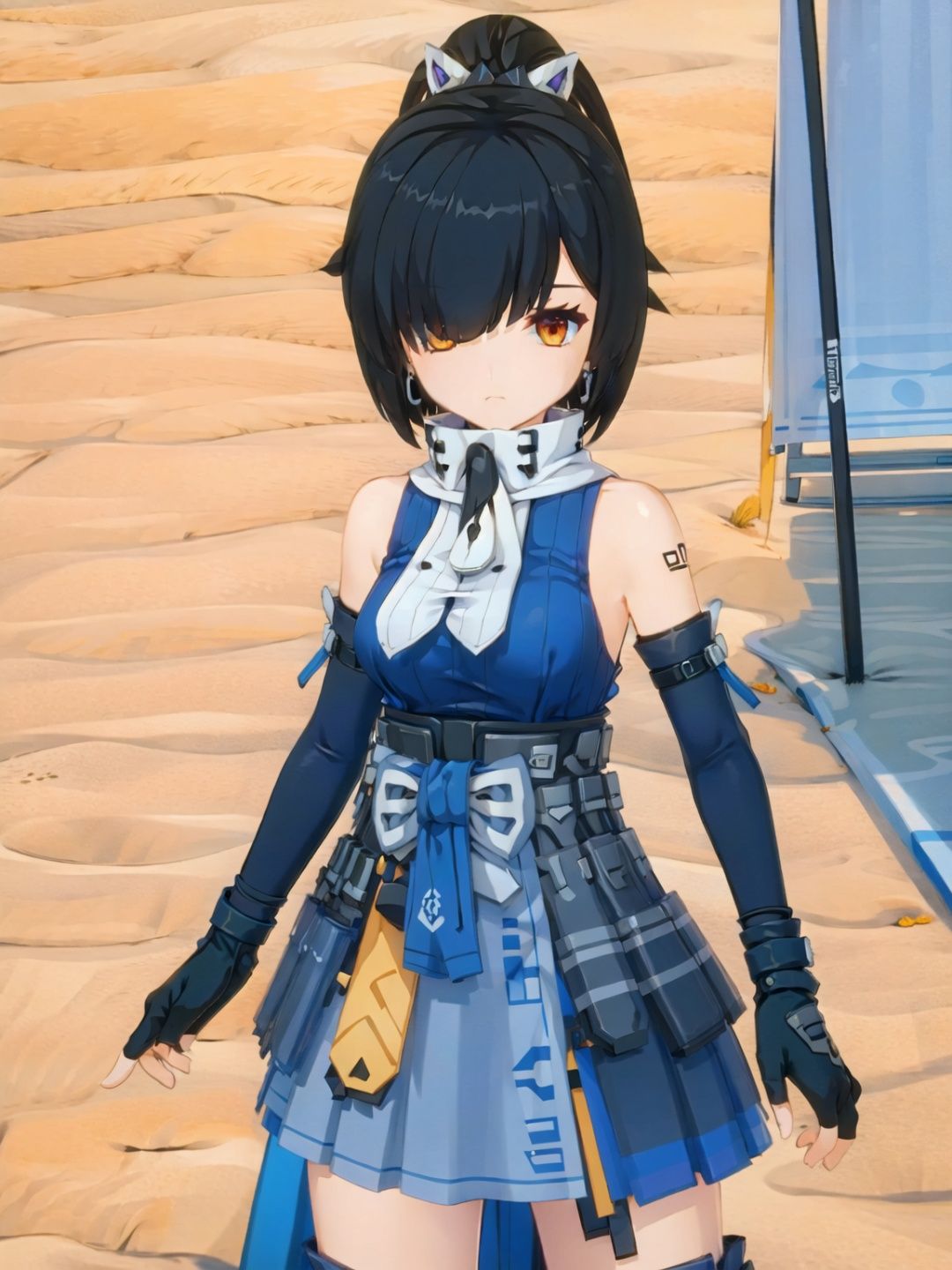 1girl, solo, gloves, black hair, looking at viewer, hair over one eye, bare shoulders, elbow gloves, black gloves, bangs, tattoo, yellow eyes, fingerless gloves, jewelry, sleeveless, earrings, closed mouth, orange eyes, breasts, barcode, pouch, detached sleeves, cowboy shot, skirt, bupoxiaoXF,
(masterpiece:1.2), best quality, masterpiece, highres, original,ultra-detailed, illustration,extremely detailed wallpaper, perfect lighting,(extremely detailed CG:1.2), drawing, paintbrush, lanXF,bupoxiaoXF