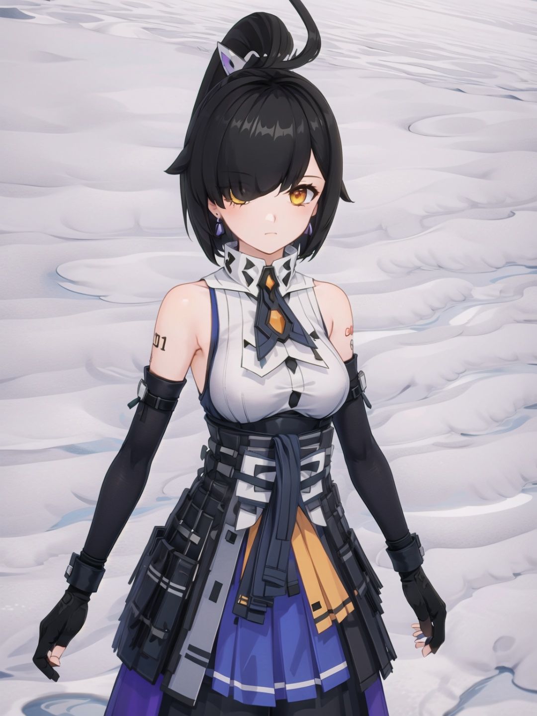 1girl, solo, gloves, black hair, looking at viewer, hair over one eye, bare shoulders, elbow gloves, black gloves, bangs, tattoo, yellow eyes, fingerless gloves, jewelry, sleeveless, earrings, closed mouth, orange eyes, breasts, barcode, pouch, detached sleeves, cowboy shot, skirt, bupoxiaoXF,
(masterpiece:1.2), best quality, masterpiece, highres, original,ultra-detailed, illustration,extremely detailed wallpaper, perfect lighting,(extremely detailed CG:1.2), drawing, paintbrush, lanXF,bupoxiaoXF