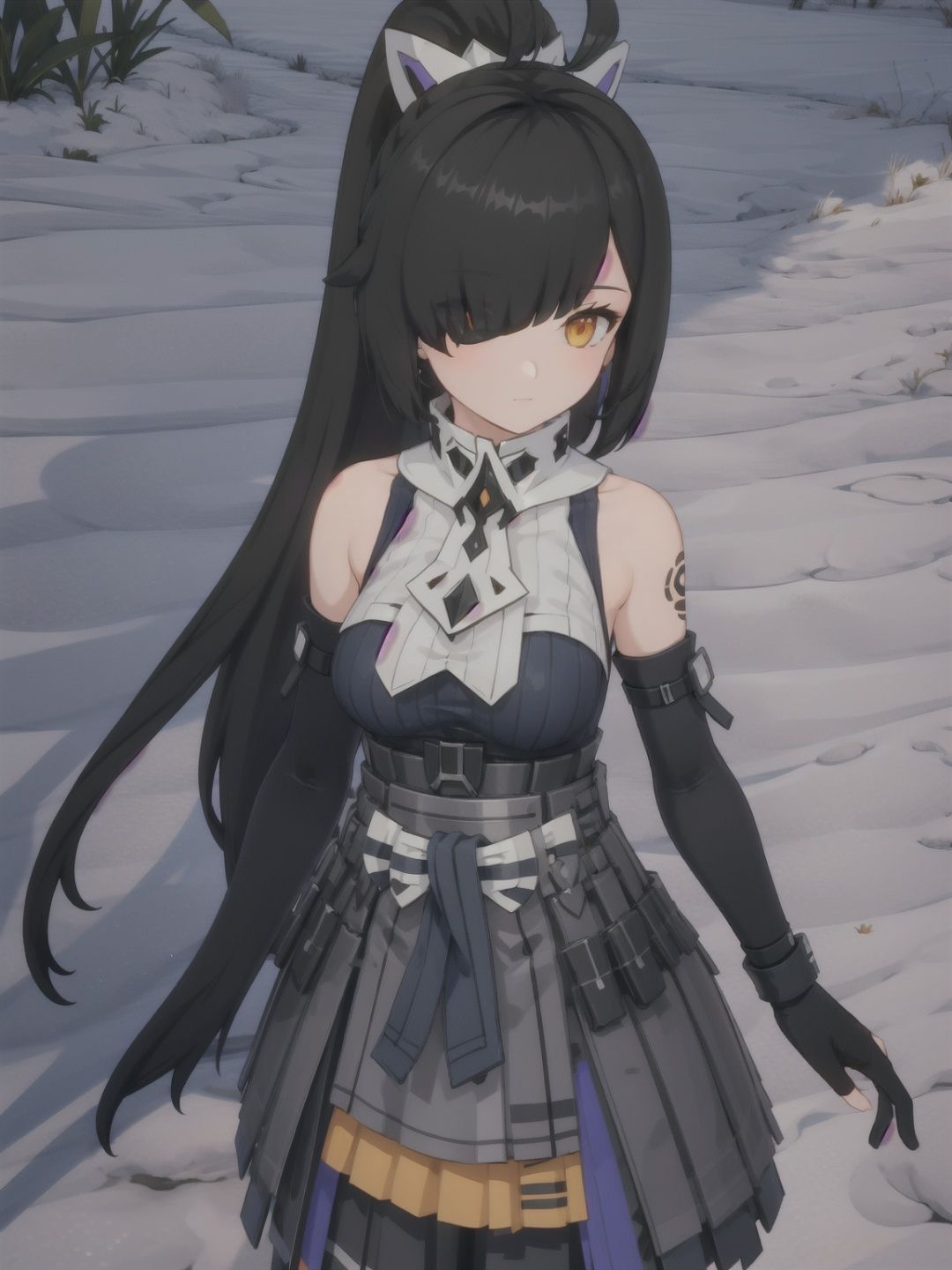 1girl, solo, gloves, black hair, looking at viewer, hair over one eye, bare shoulders, elbow gloves, black gloves, bangs, tattoo, yellow eyes, fingerless gloves, jewelry, sleeveless, earrings, closed mouth, orange eyes, breasts, barcode, pouch, detached sleeves, cowboy shot, skirt, bupoxiaoXF,
(masterpiece:1.2), best quality, masterpiece, highres, original,ultra-detailed, illustration,extremely detailed wallpaper, perfect lighting,(extremely detailed CG:1.2), drawing, paintbrush, lanXF,bupoxiaoXF