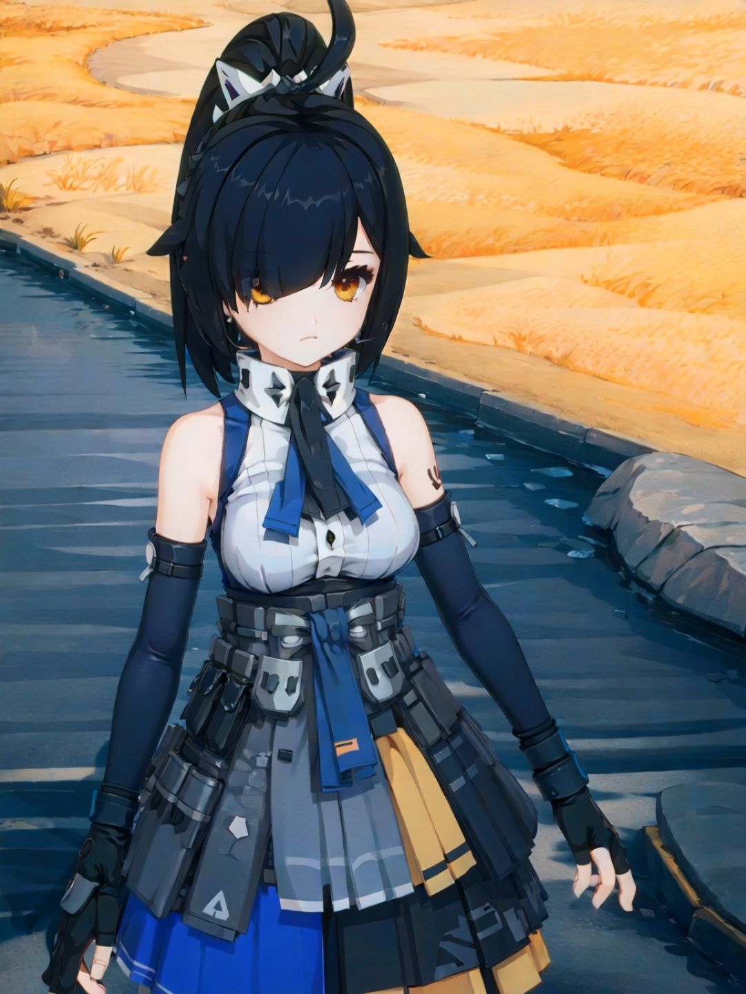 1girl, solo, gloves, black hair, looking at viewer, hair over one eye, bare shoulders, elbow gloves, black gloves, bangs, tattoo, yellow eyes, fingerless gloves, jewelry, sleeveless, earrings, closed mouth, orange eyes, breasts, barcode, pouch, detached sleeves, cowboy shot, skirt, bupoxiaoXF,
(masterpiece:1.2), best quality, masterpiece, highres, original,ultra-detailed, illustration,extremely detailed wallpaper, perfect lighting,(extremely detailed CG:1.2), drawing, paintbrush, lanXF,bupoxiaoXF