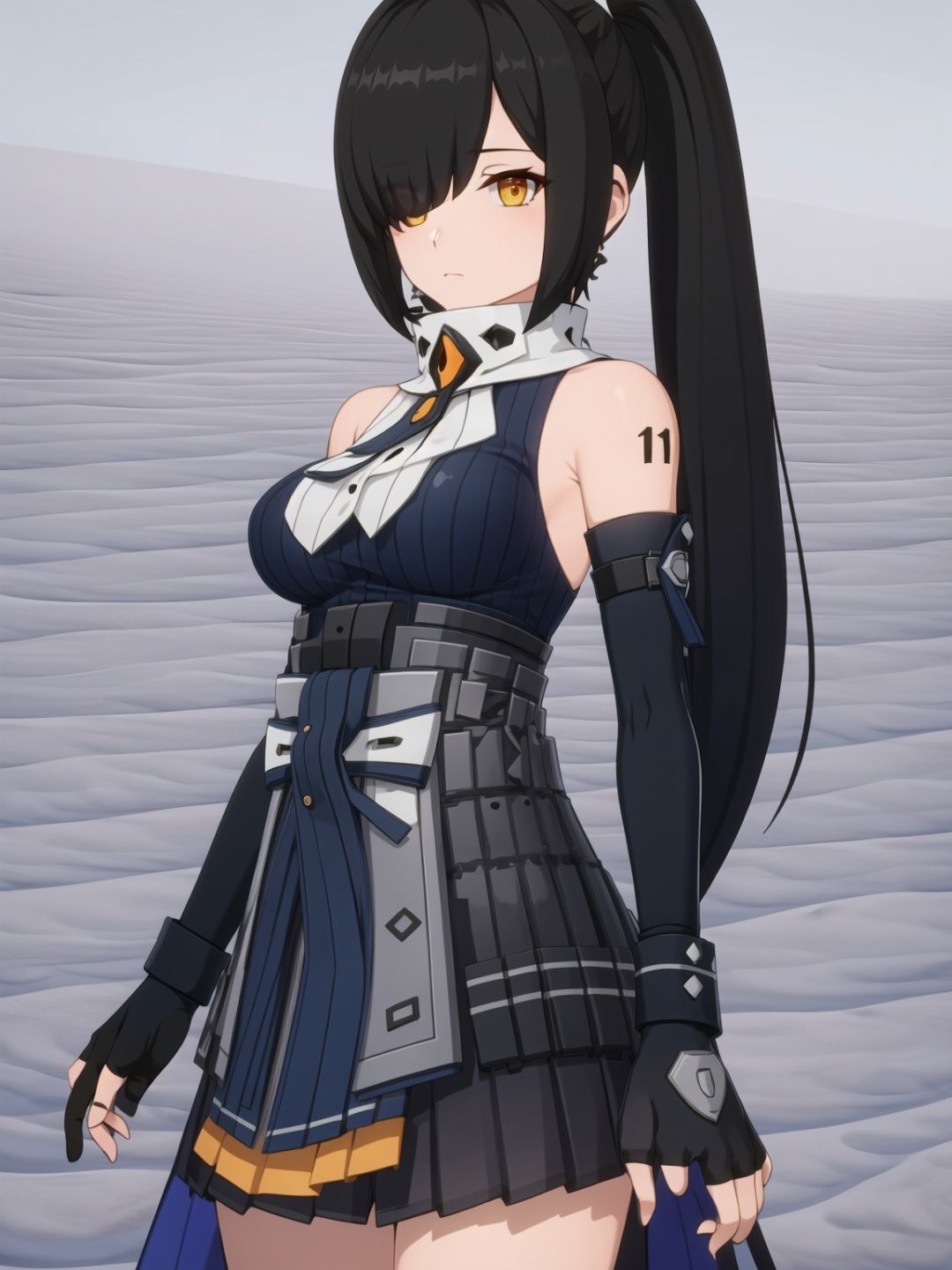 1girl, solo, gloves, black hair, looking at viewer, hair over one eye, bare shoulders, elbow gloves, black gloves, bangs, tattoo, yellow eyes, fingerless gloves, jewelry, sleeveless, earrings, closed mouth, orange eyes, breasts, barcode, pouch, detached sleeves, cowboy shot, skirt, bupoxiaoXF,
(masterpiece:1.2), best quality, masterpiece, highres, original,ultra-detailed, illustration,extremely detailed wallpaper, perfect lighting,(extremely detailed CG:1.2), drawing, paintbrush, lanXF,bupoxiaoXF