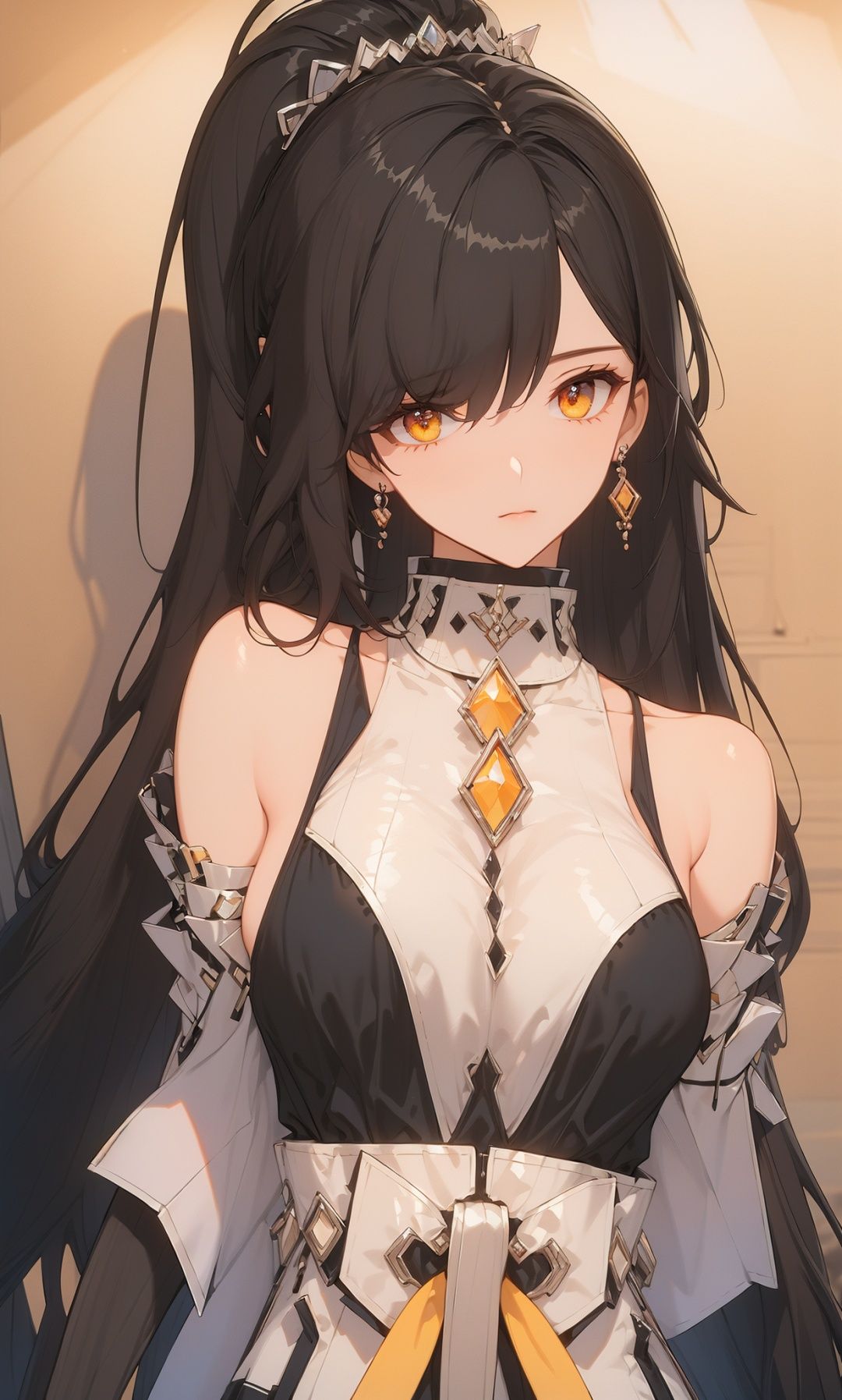 1girl, solo, gloves, black hair, looking at viewer, hair over one eye, bare shoulders, elbow gloves, black gloves, bangs, tattoo, yellow eyes, fingerless gloves, jewelry, sleeveless, earrings, closed mouth, orange eyes, breasts, barcode, pouch, detached sleeves, cowboy shot, skirt, bupoxiaoXF,
(masterpiece:1.2), best quality, masterpiece, highres, original,ultra-detailed, illustration,extremely detailed wallpaper, perfect lighting,(extremely detailed CG:1.2), drawing, paintbrush,