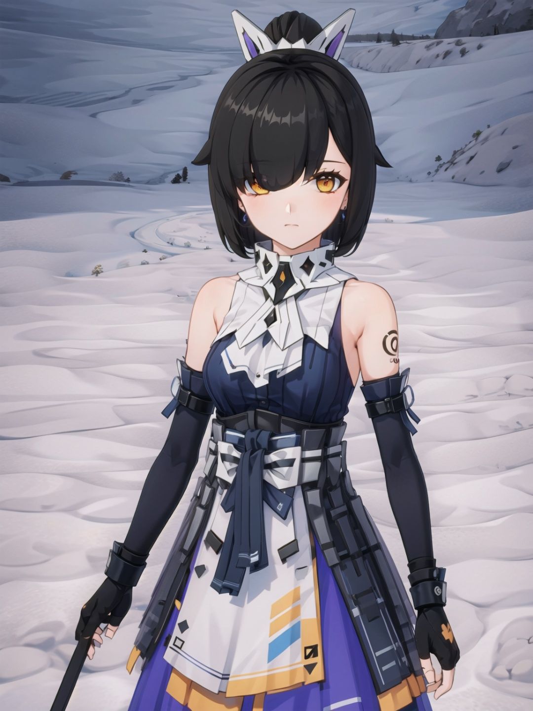 1girl, solo, gloves, black hair, looking at viewer, hair over one eye, bare shoulders, elbow gloves, black gloves, bangs, tattoo, yellow eyes, fingerless gloves, jewelry, sleeveless, earrings, closed mouth, orange eyes, breasts, barcode, pouch, detached sleeves, cowboy shot, skirt, bupoxiaoXF,
(masterpiece:1.2), best quality, masterpiece, highres, original,ultra-detailed, illustration,extremely detailed wallpaper, perfect lighting,(extremely detailed CG:1.2), drawing, paintbrush, lanXF,bupoxiaoXF