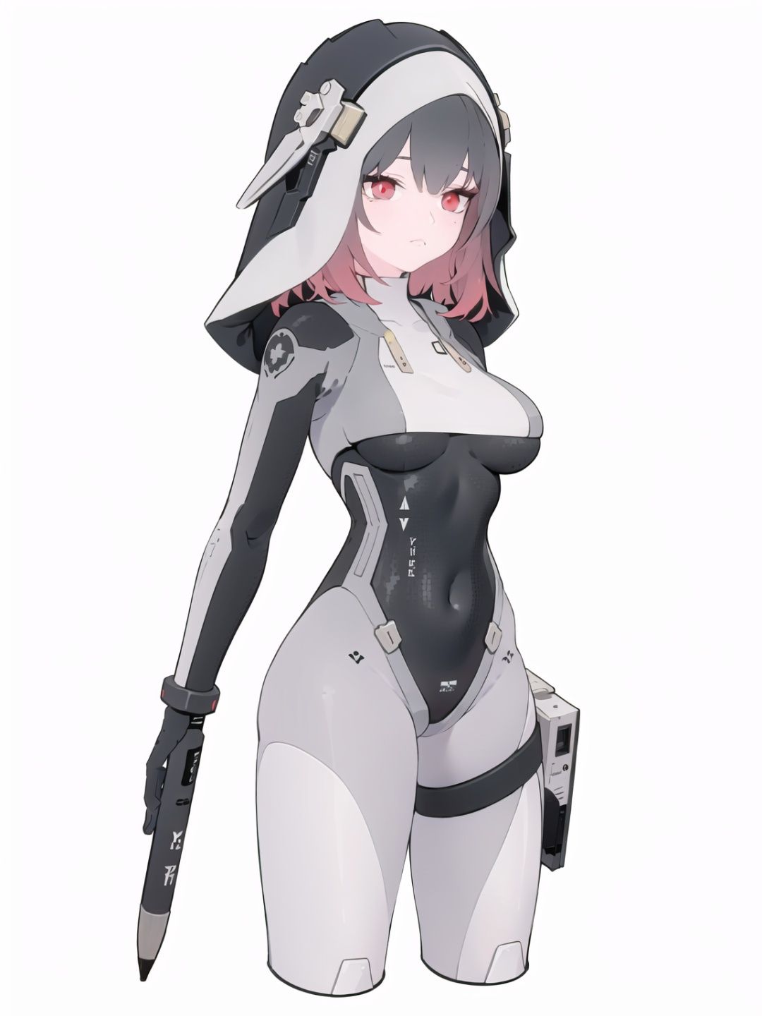 1girl, solo, bodysuit, weapon, breasts, hood,looking at viewer, covered navel, red eyes, gloves, multicolored hair, medium breasts, holding weapon, holding gun, mole under eye, closed mouth, black hair, hood up, mole, holding, grey bodysuit, skin tight, gradient hair, medium hair, black gloves,xinghuanXF,
(masterpiece:1.2), best quality, masterpiece, highres, original,ultra-detailed, illustration,extremely detailed wallpaper, perfect lighting,(extremely detailed CG:1.2), drawing, paintbrush, lanXF,bupoxiaoXF,xinghuanXF