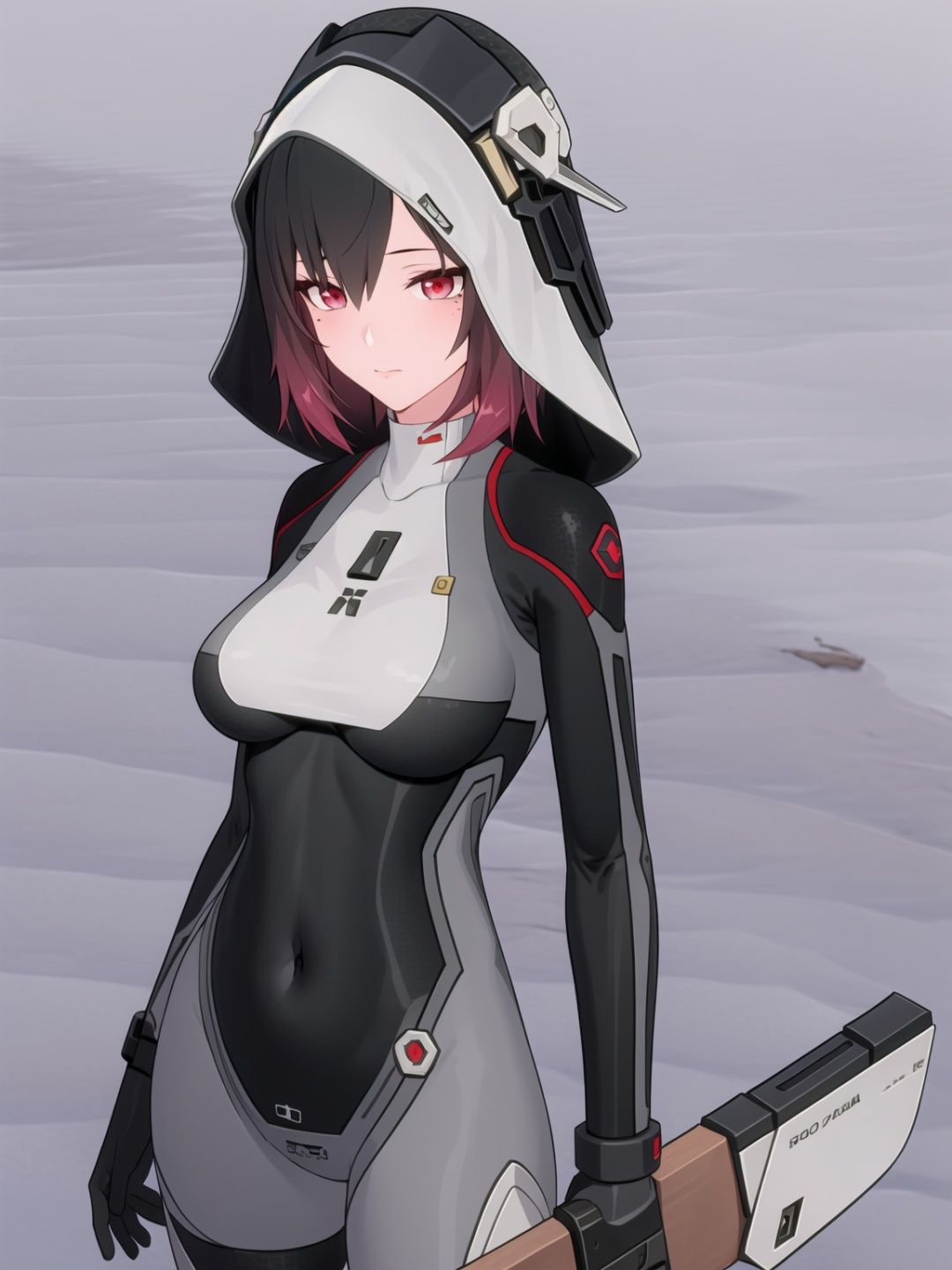 1girl, solo, bodysuit, weapon, breasts, hood,looking at viewer, covered navel, red eyes, gloves, multicolored hair, medium breasts, holding weapon, holding gun, mole under eye, closed mouth, black hair, hood up, mole, holding, grey bodysuit, skin tight, gradient hair, medium hair, black gloves,xinghuanXF,
(masterpiece:1.2), best quality, masterpiece, highres, original,ultra-detailed, illustration,extremely detailed wallpaper, perfect lighting,(extremely detailed CG:1.2), drawing, paintbrush, lanXF,bupoxiaoXF,xinghuanXF