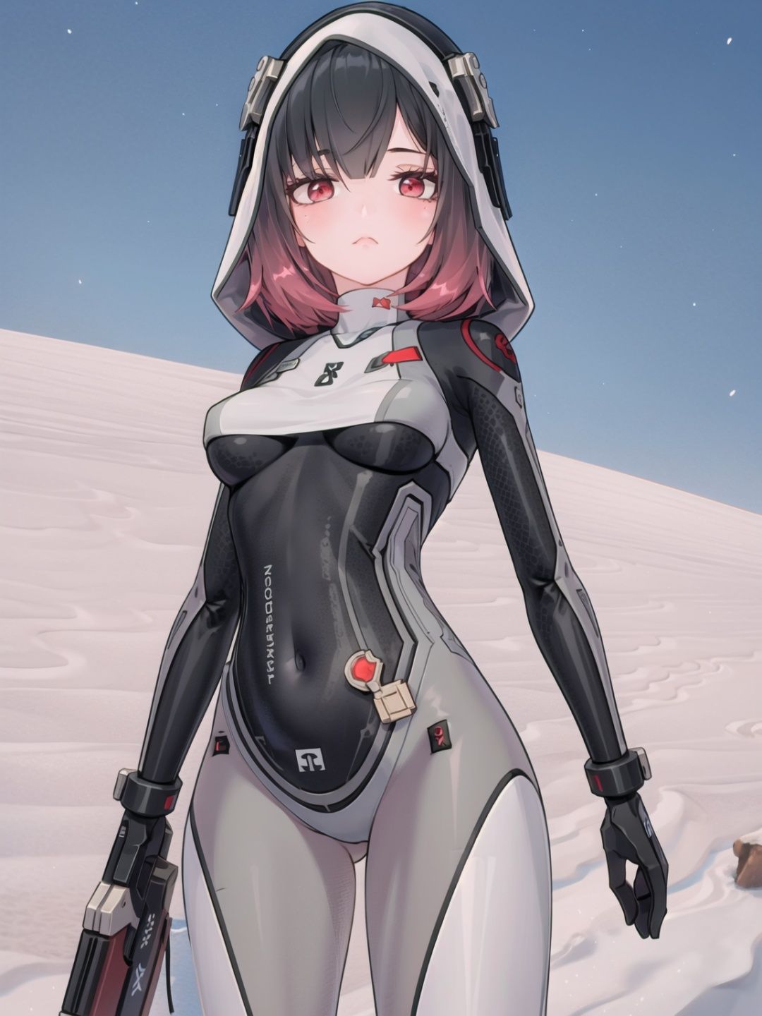1girl, solo, bodysuit, weapon, breasts, hood,looking at viewer, covered navel, red eyes, gloves, multicolored hair, medium breasts, holding weapon, holding gun, mole under eye, closed mouth, black hair, hood up, mole, holding, grey bodysuit, skin tight, gradient hair, medium hair, black gloves,xinghuanXF,
(masterpiece:1.2), best quality, masterpiece, highres, original,ultra-detailed, illustration,extremely detailed wallpaper, perfect lighting,(extremely detailed CG:1.2), drawing, paintbrush, lanXF,bupoxiaoXF,xinghuanXF