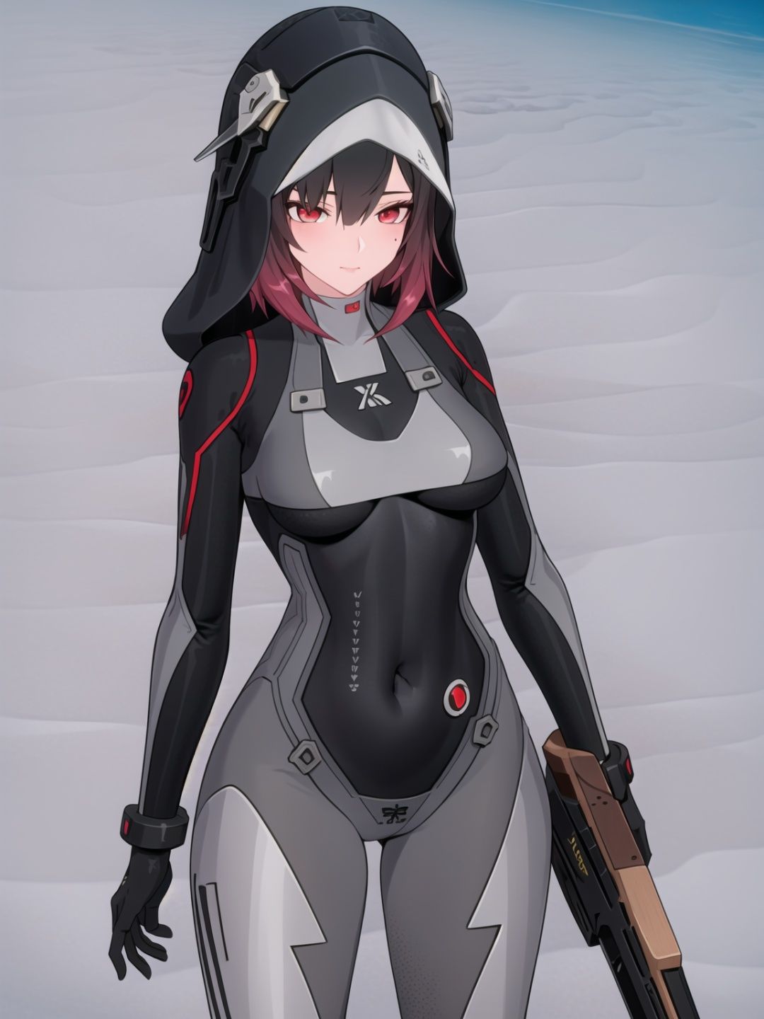 1girl, solo, bodysuit, weapon, breasts, hood,looking at viewer, covered navel, red eyes, gloves, multicolored hair, medium breasts, holding weapon, holding gun, mole under eye, closed mouth, black hair, hood up, mole, holding, grey bodysuit, skin tight, gradient hair, medium hair, black gloves,xinghuanXF,
(masterpiece:1.2), best quality, masterpiece, highres, original,ultra-detailed, illustration,extremely detailed wallpaper, perfect lighting,(extremely detailed CG:1.2), drawing, paintbrush, lanXF,bupoxiaoXF,xinghuanXF