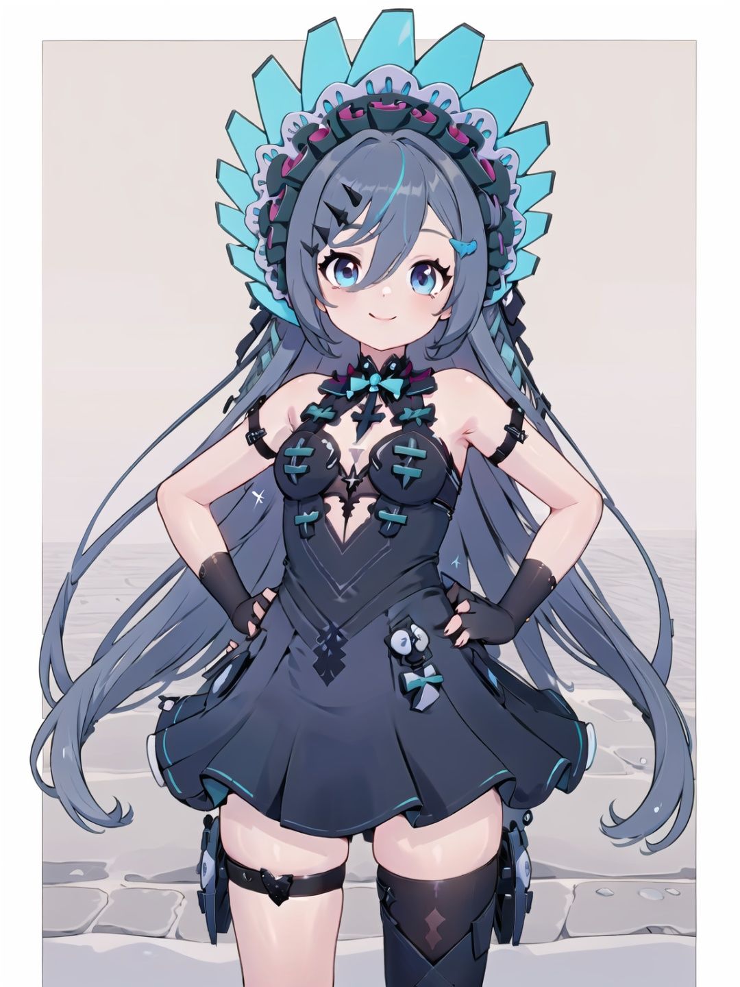 1girl, thighhighs, solo, dress, long hair, blue eyes, multicolored hair, black hair,  looking at viewer, gloves, black dress, hands on hips, streaked hair, hair ornament, blue hair, smile, black gloves, fingerless gloves, genuonuoXF,

(masterpiece:1.2), best quality, masterpiece, highres, original,ultra-detailed, illustration,extremely detailed wallpaper, perfect lighting,(extremely detailed CG:1.2), drawing, paintbrush, lanXF,bupoxiaoXF,xinghuanXF,xiluoXF,genuonuoXF