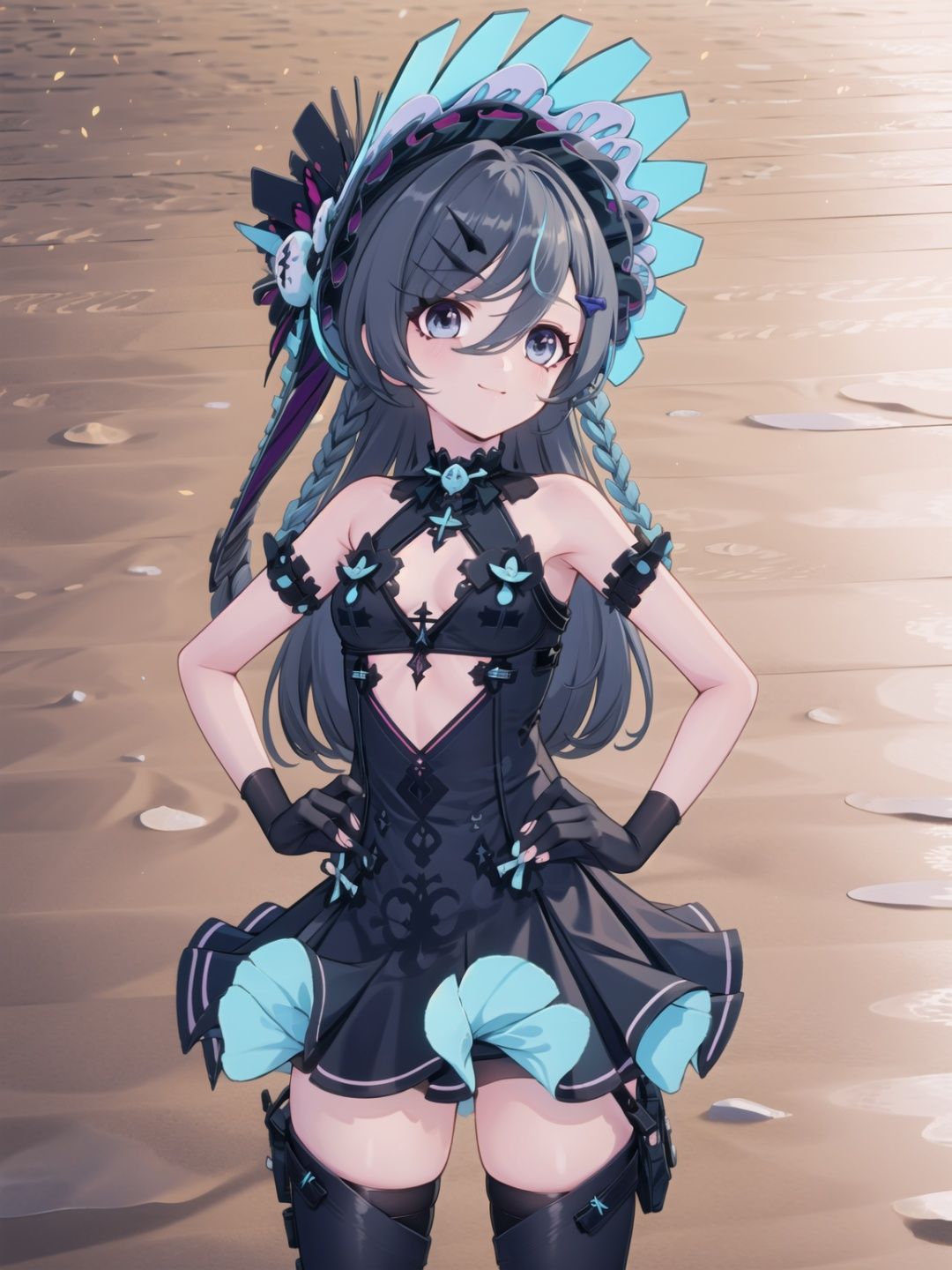 1girl, thighhighs, solo, dress, long hair, blue eyes, multicolored hair, black hair,  looking at viewer, gloves, black dress, hands on hips, streaked hair, hair ornament, blue hair, smile, black gloves, fingerless gloves, genuonuoXF,

(masterpiece:1.2), best quality, masterpiece, highres, original,ultra-detailed, illustration,extremely detailed wallpaper, perfect lighting,(extremely detailed CG:1.2), drawing, paintbrush, lanXF,bupoxiaoXF,xinghuanXF,xiluoXF,genuonuoXF