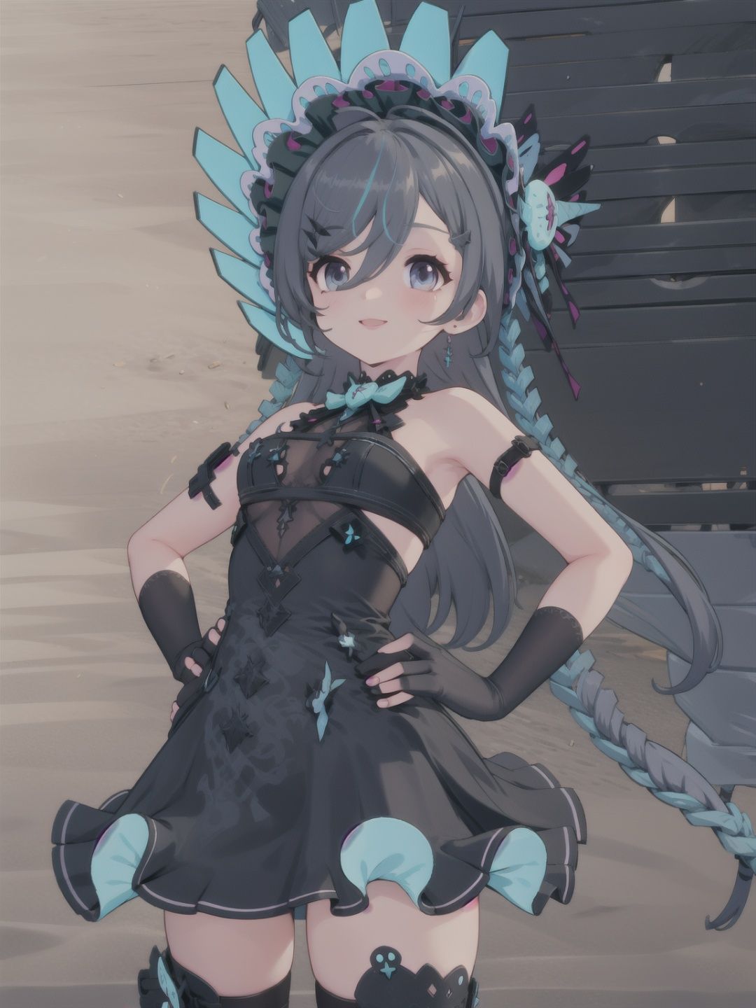 1girl, thighhighs, solo, dress, long hair, blue eyes, multicolored hair, black hair,  looking at viewer, gloves, black dress, hands on hips, streaked hair, hair ornament, blue hair, smile, black gloves, fingerless gloves, genuonuoXF,

(masterpiece:1.2), best quality, masterpiece, highres, original,ultra-detailed, illustration,extremely detailed wallpaper, perfect lighting,(extremely detailed CG:1.2), drawing, paintbrush, lanXF,bupoxiaoXF,xinghuanXF,xiluoXF,genuonuoXF