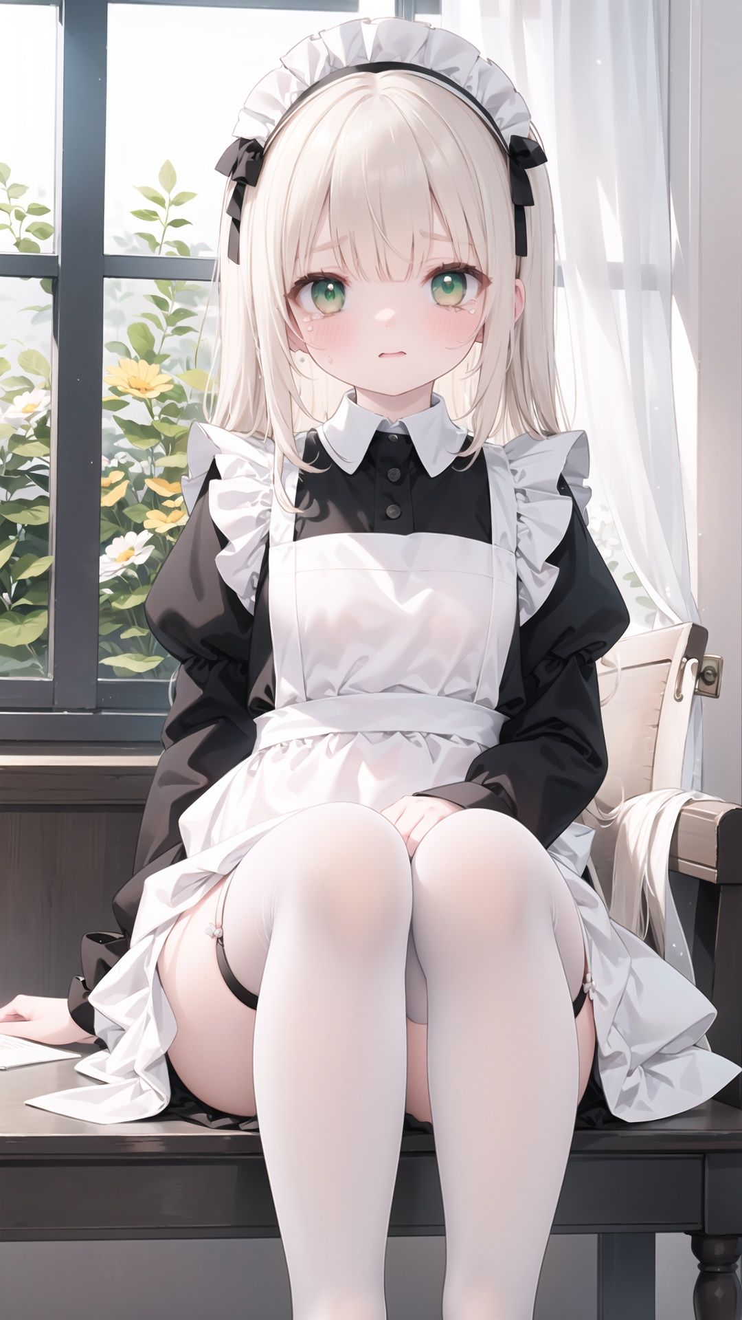 finely detail, Depth of field, (((masterpiece))), ((extremely detailed CG unity 8k wallpaper)), best quality, high resolution illustration, Amazing, highres, intricate detail, best illumination, best shadow, 1girl, solo, thighhighs, maid, maid headdress, green eyes, white thighhighs, brown hair, long hair, apron, tears, long sleeves, indoors, sitting, bangs, dress, black dress, feet out of frame, white apron, garter straps, spill, curtains, blush, maid apron