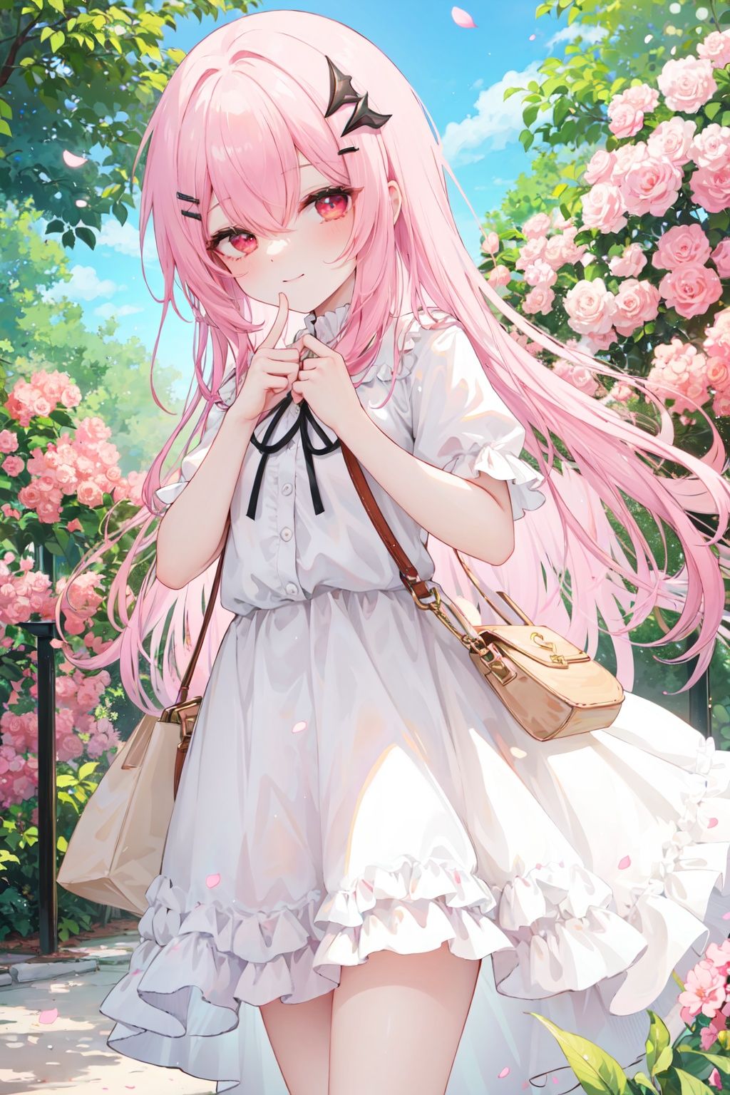 1girl,solo,long hair,pink hair,very long hair,bangs,outdoors,dress,hair ornament,smile,finger to mouth,white dress,hair between eyes,looking at viewer,short sleeves,blush,closed mouth,pink flower,flower,hairclip,day,red eyes,shoulder bag,bag,standing,hand up,index finger raised,petals,between legs,heart,<lora:guizhencaoprohdLycoris:0.6>,