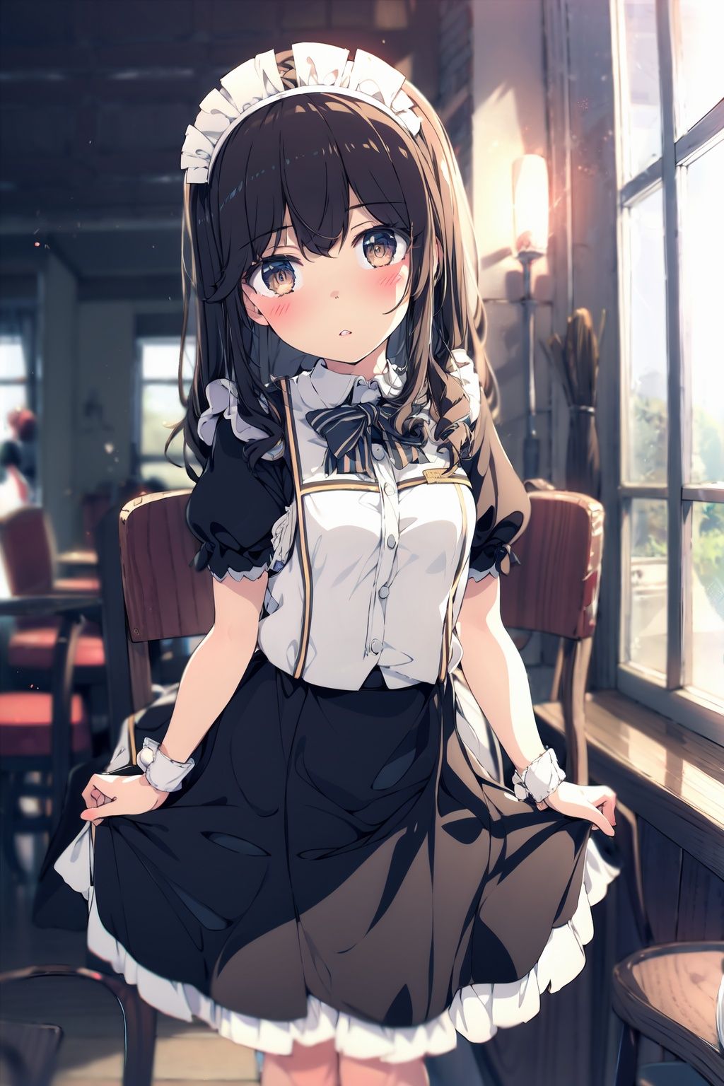  tray,blush,solo focus,holding tray,maid headdress,brown eyes,black hair,parted lips,multiple girls,looking at viewer,maid,dress,bangs,indoors,black dress,short sleeves,holding,blurry,depth of field,window,blurry background,long hair,apron,puffy sleeves,3girls,day,puffy short sleeves,wrist cuffs,collared dress,waitress,head tilt,sunlight,standing,chair,frills,shirt,sailor collar,(detailed eyes:1.5),