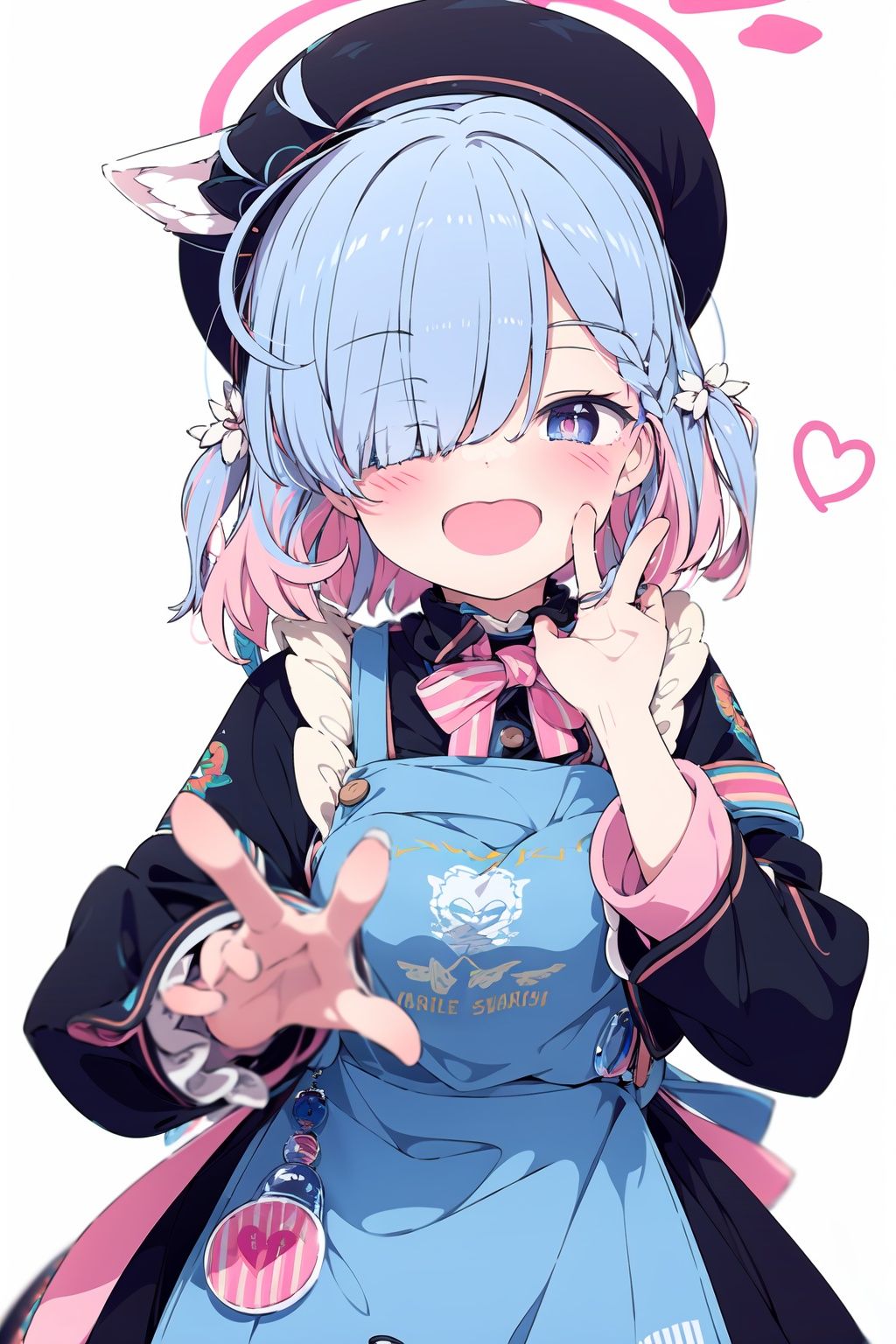  1girl, solo, apron, halo, hair over one eye, closed eyes, smile, white background, dress, white apron, simple background, long sleeves, multicolored hair, braid, open mouth, blue hair, alternate costume, blush, bangs, :d, pink hair, black dress, ribbon, frilled dress, enmaided, short hair, hand up, colored inner hair,(detailed eyes:1.5),