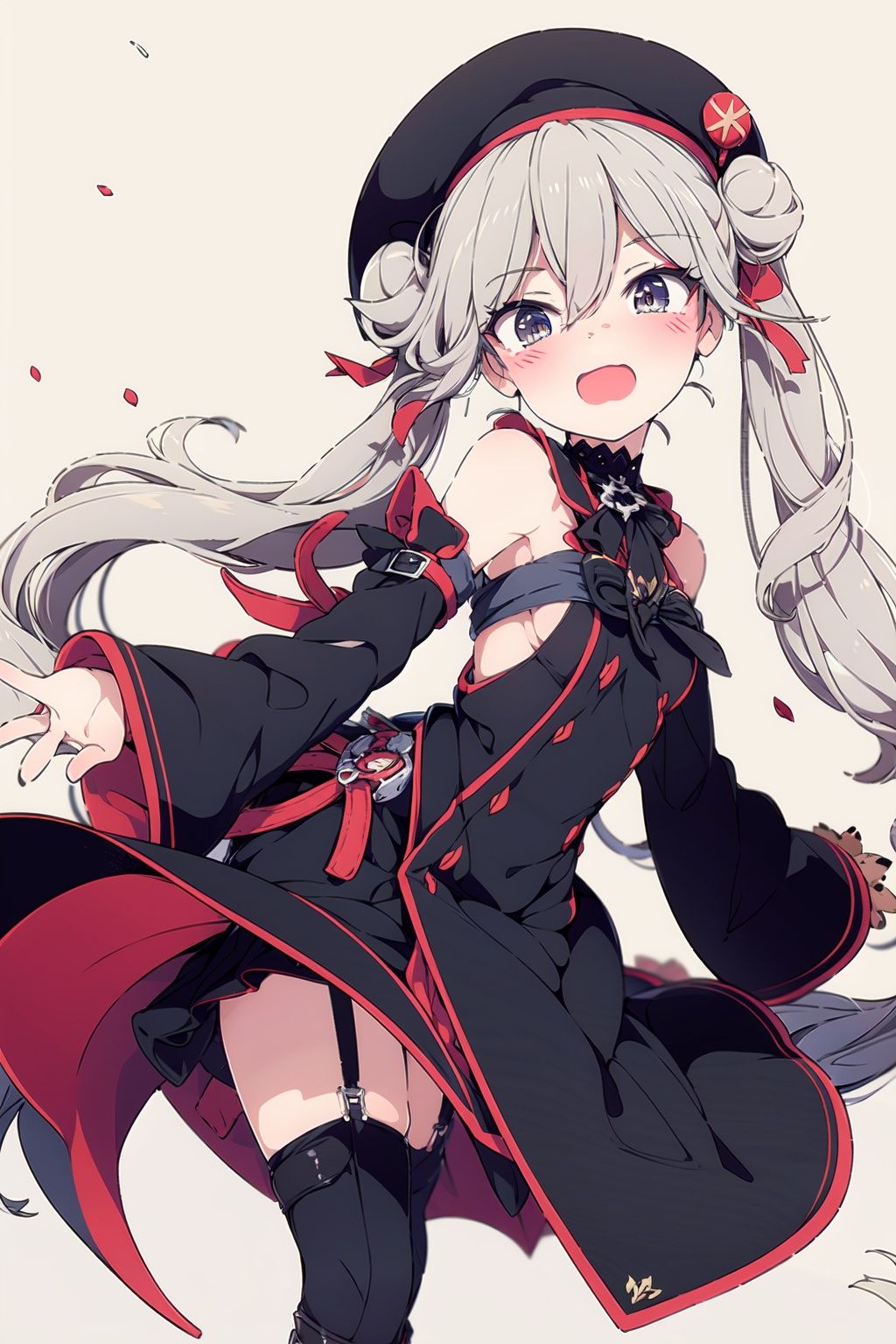  1girl, dress, double bun, hair bun, long hair, black dress, twintails, looking at viewer, smile, hat, bangs, brown hair, white background, solo, open mouth, blush, black headwear, very long hair, garter straps, thighhighs, bare shoulders, beret, :d, ribbon, black gloves, simple background, long sleeves, nail polish, black footwear, red ribbon, bow, gloves, wide sleeves, animal, hair ribbon, boots, red nails, sheath, sheathed, hair between eyes