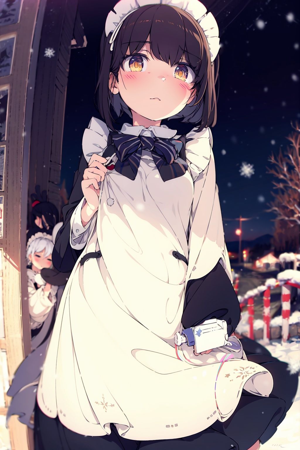  1girl, maid headdress, solo, weapon, gun, gloves, apron, holding, maid, brown hair, tree, short hair, holding weapon, holding gun, black gloves, rifle, jacket, snow, maid apron, outdoors, dress, white jacket, snowing, brown eyes, yellow eyes, closed mouth, bow, long sleeves, white bow, bowtie, bangs, ribbon, black dress, bare tree, expressionless, coat, looking away, white apron,(detailed eyes:1.5),