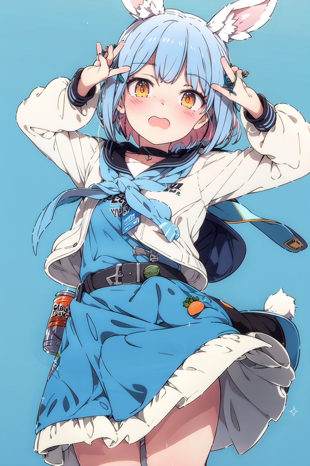  1girl,usada pekora,solo,virtual youtuber,food-themed hair ornament,jacket,carrot hair ornament,arms up,hair ornament,ribbon,blue background,hair ribbon,blue hair,fur trim,thick eyebrows,blue jacket,neckerchief,long sleeves,rabbit ears,short hair,dress,white dress,open mouth,bangs,open jacket,belt,open clothes,blue ribbon,blue neckerchief,official alternate hairstyle,choker,simple background,fur-trimmed jacket,sailor collar,official alternate hair length,animal ears,orange eyes,white choker,official alternate costume,two side up,white hair,white belt,short eyebrows,multicolored hair,denim jacket,cowboy shot,white sailor collar,:o,bunny-shaped pupils,collar,standing,,(detailed eyes:1.5),