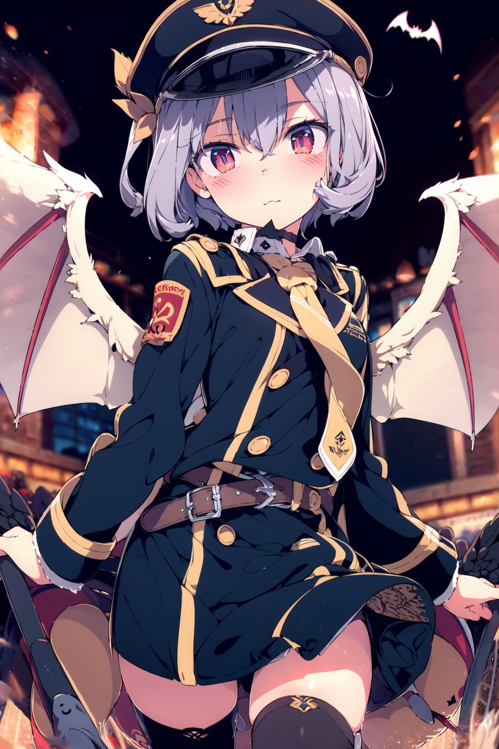  1girl, solo, hat, uniform, red eyes, remilia scarlet, military uniform, bat (animal), wings, necktie, gloves, military, alternate costume, bat wings, white gloves, belt, looking at viewer, long sleeves, boots, short hair, thighhighs, military hat, peaked cap, black necktie, adjusting clothes, hair between eyes, coat, armband, shirt, cape, black headwear, closed mouth, skirt, light purple hair, slit pupils, purple hair, black coat, thigh boots, black thighhighs,(detailed eyes:1.5),