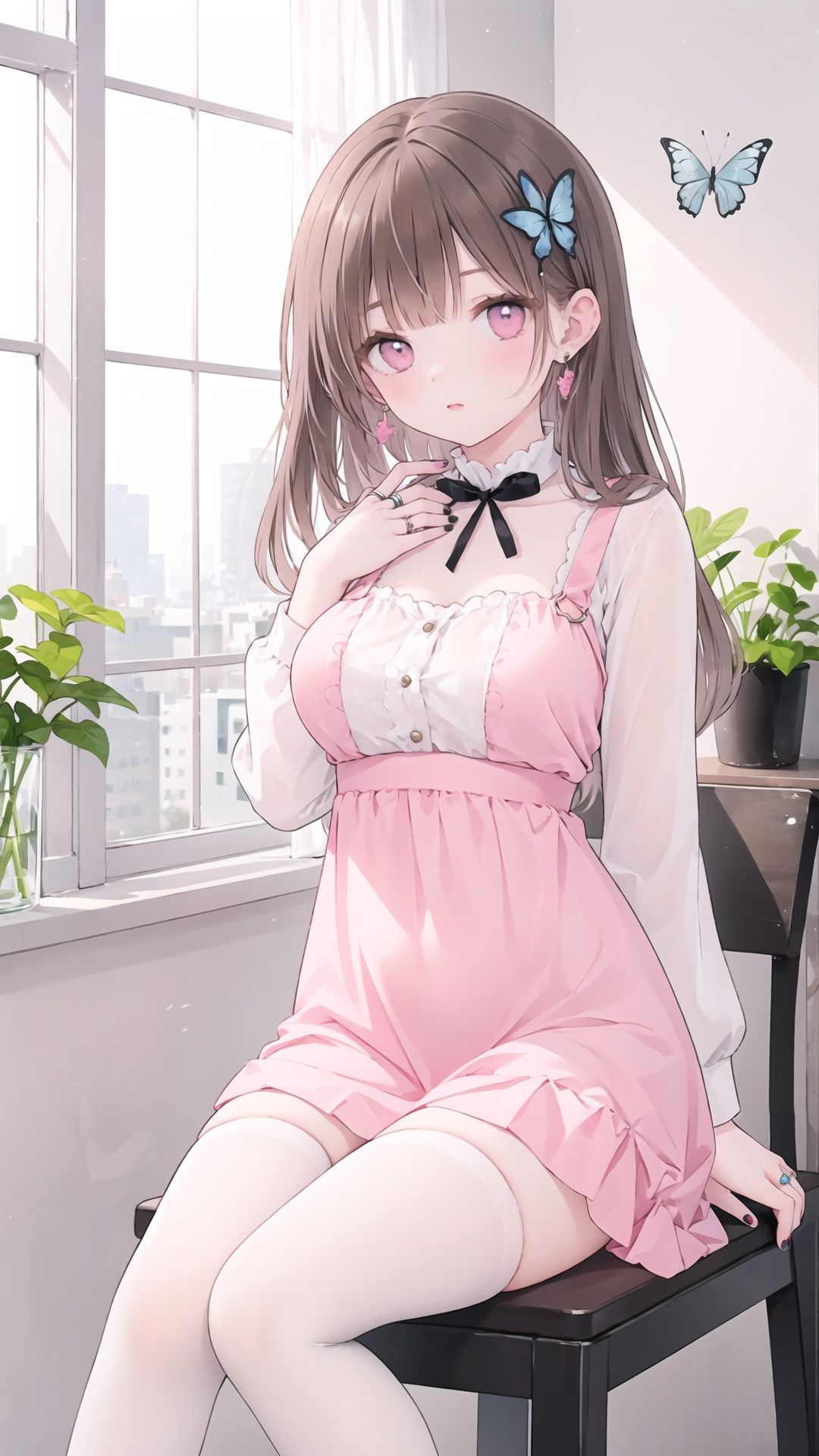 finely detail, Depth of field, (((masterpiece))), ((extremely detailed CG unity 8k wallpaper)), best quality, high resolution illustration, Amazing, highres, intricate detail, best illumination, best shadow, 1girl, mirror, solo, dress, jewelry, long hair, cosmetics, thighhighs, hair ornament, butterfly hair ornament, long sleeves, indoors, lipstick tube, sitting, pink dress, earrings, black thighhighs, brown hair, ring, nail polish, looking at viewer, breasts, window, blush