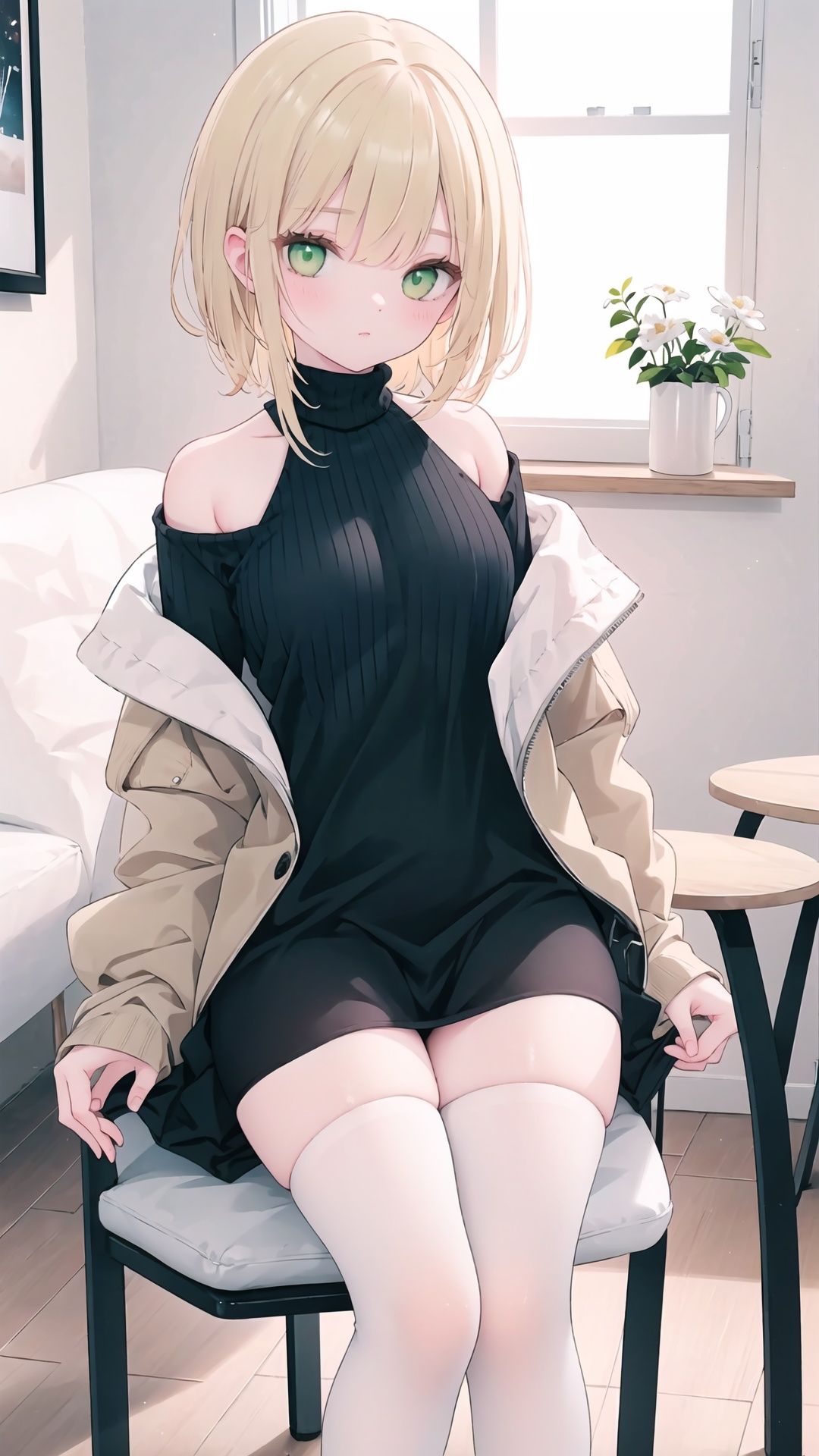  finely detail, Depth of field, (((masterpiece))), ((extremely detailed CG unity 8k wallpaper)), best quality, high resolution illustration, Amazing, highres, intricate detail, best illumination, best shadow,

1girl, cup, off shoulder, thighhighs, solo, cat, long hair, holding, sweater, book, sitting, black thighhighs, black sweater, green eyes, indoors, window, blonde hair, chair, turtleneck, knees up, jacket, brown jacket, 1girl