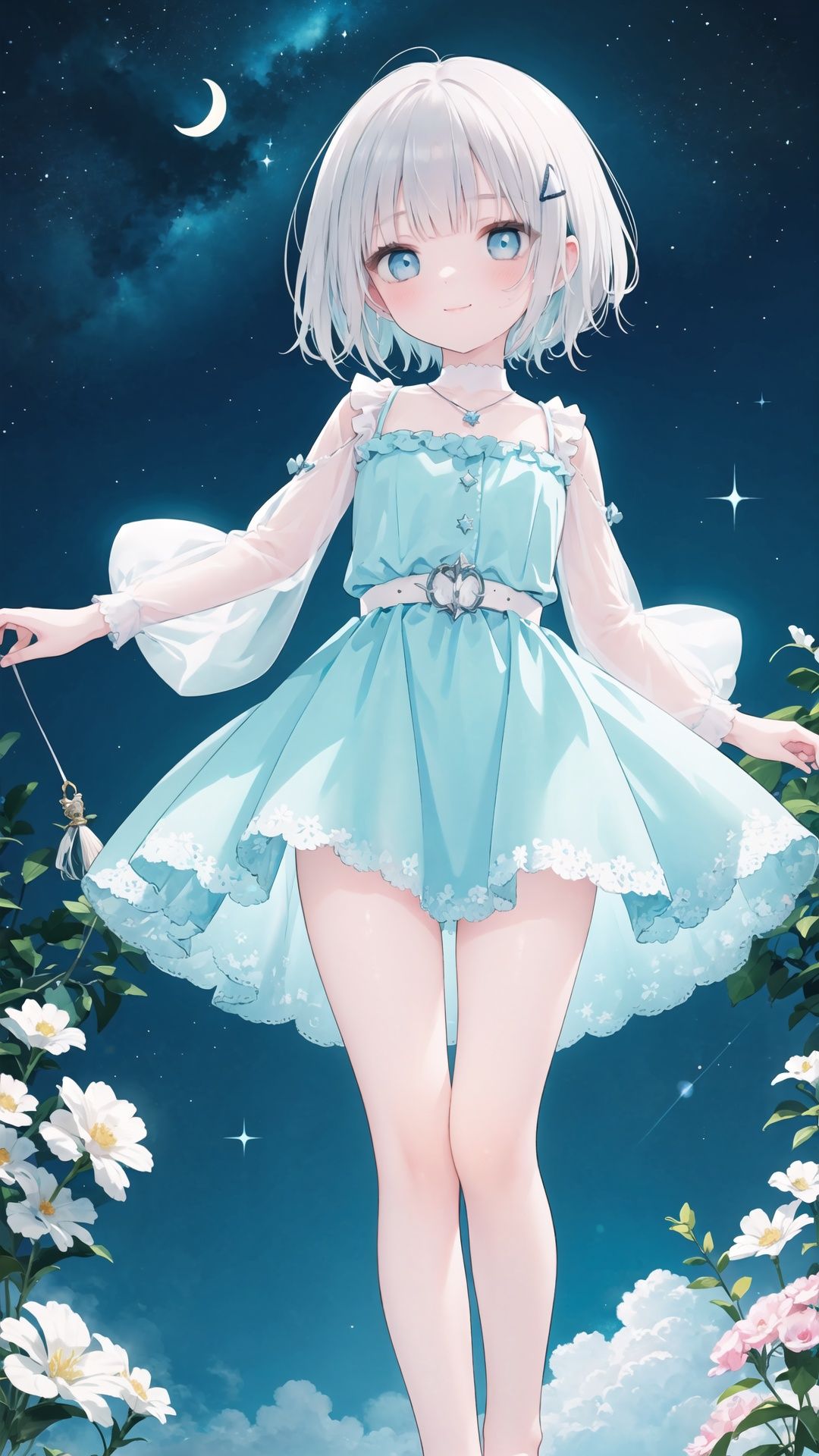 1girl, solo, watercolor, delicate strokes, shimmering hues, transparent, ethereal, crystal-clear, twinkling, light refracting, youthful, innocent, small, petite, short stature, fair complexion, rosy cheeks, bright blue eyes, large round eyes, wide-eyed, gentle smile, silver hair, bob cut, chin-length, hair clip, star-shaped hair clip, deep blue eyes, round face, childlike innocence, slender frame, slender arms, small breasts, frilly dress, pastel colors, lavender dress, lace details, puffy sleeves, knee-length skirt, ribbon belt, crystal necklace, barefoot, floating in mid-air, dreamy background, starry night sky, celestial patterns, twinkling stars, crescent moon, shimmering constellations.