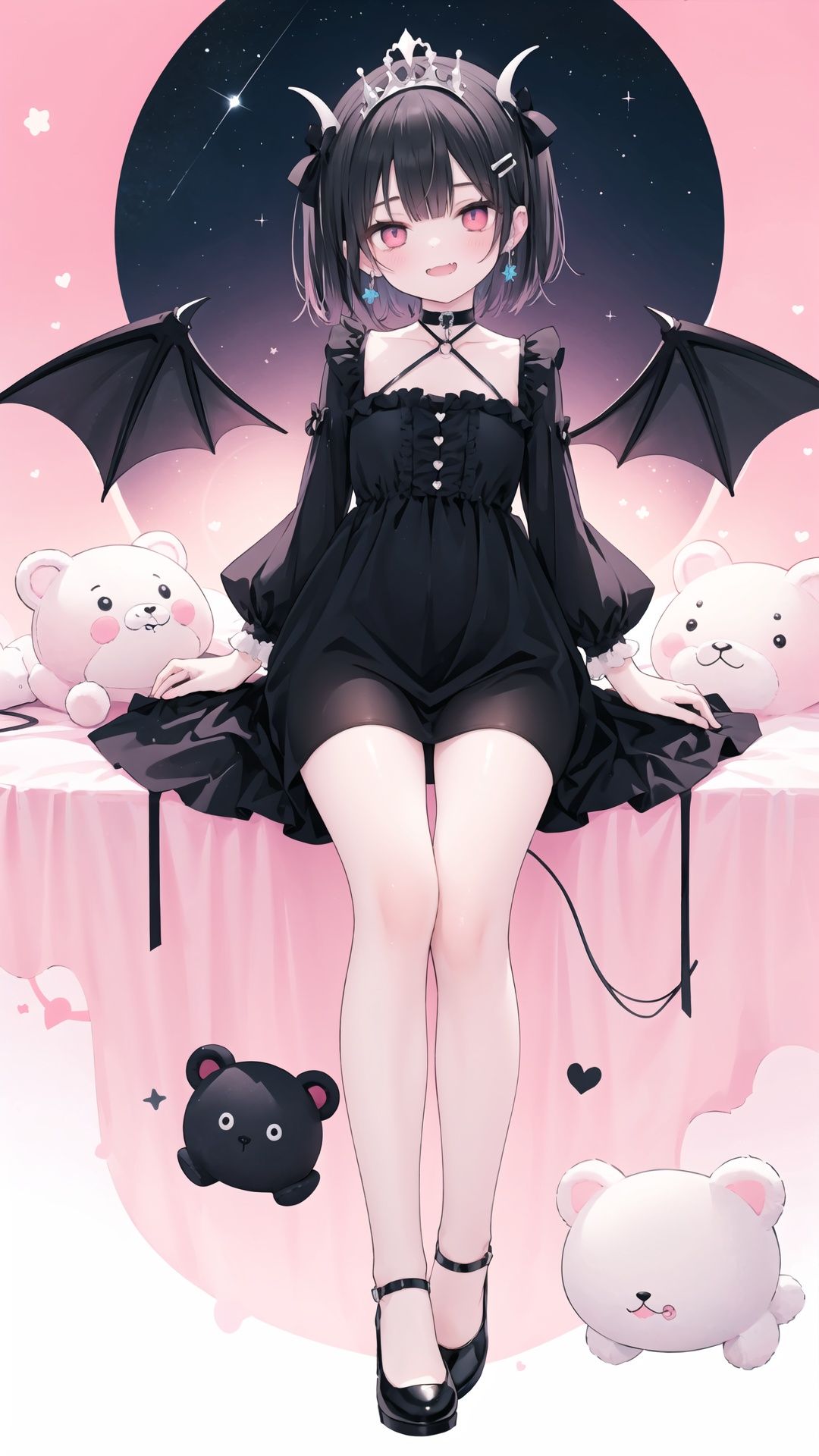1girl,solo,watercolor,adorable,pink background,smiling,loli,demon girl,red eyes,short hair,black hair,horns,black horns,small wings,black wings,cute dress,frilly dress,black dress,knee-length dress,black and red dress,puff sleeves,round eyes,innocent expression,small fangs,black shoes,Mary Jane shoes,holding a plush toy,teddy bear plush toy,sitting on a cloud,floating,surrounded by stars,moon in the sky,stars in her hair,star-shaped earrings,striped stockings,black and white striped stockings,small tail,black tail,playing with fire,fire in her hands,magical aura,devilish grin,bat-shaped hairclip,tiara,black choker,red ribbon,heart-shaped necklace,mischievous look,small fangs,blush on cheeks,pointy ears,small and delicate hands,fair skin,