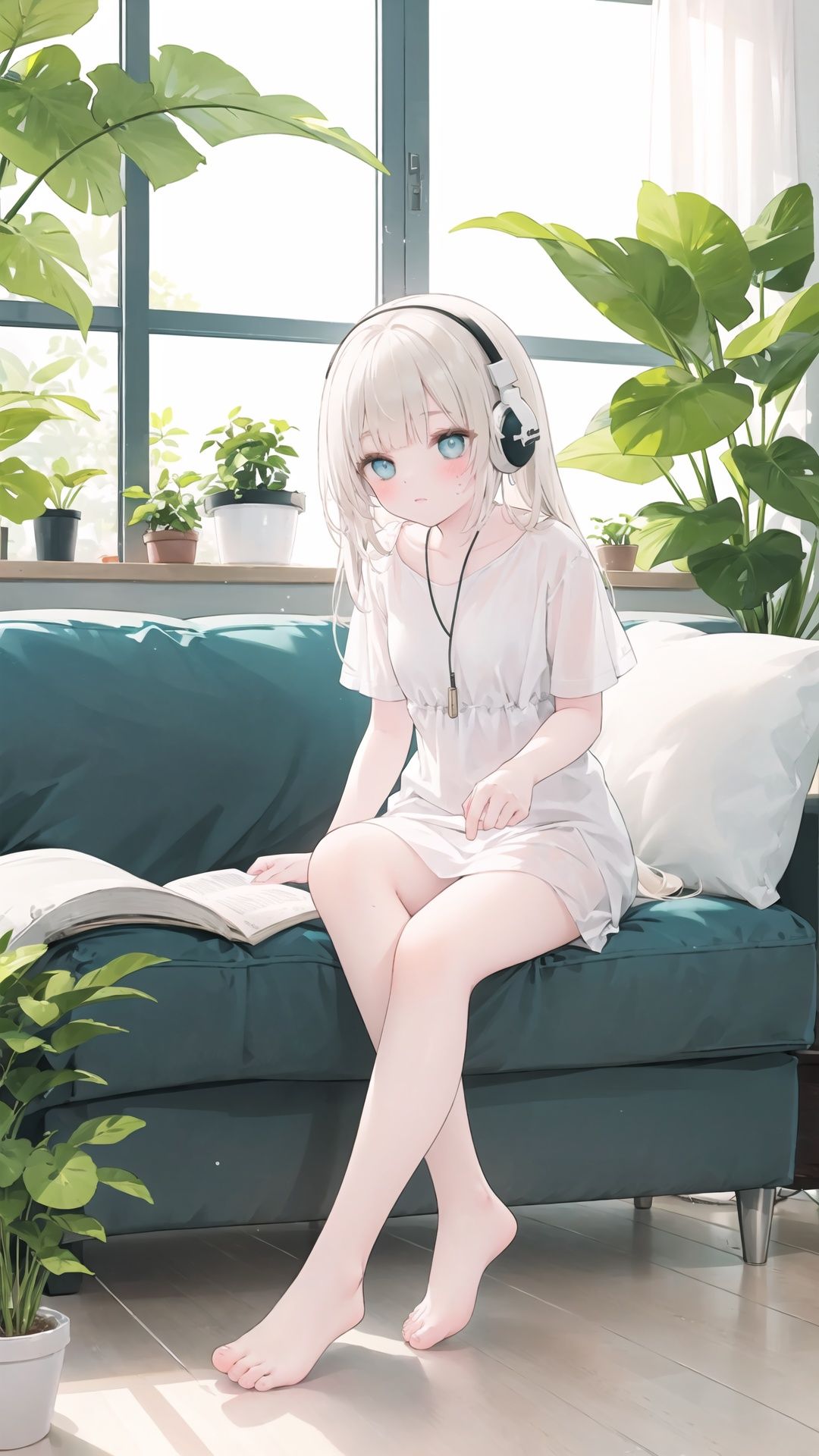 extremely delicate and beautiful, depth of field, amazing, masterpiece, growth, visual impact, ultra-detailed, 1girl, long_hair,Modernist style architecture, window, book, pillow, barefoot, solo, plant, very_long_hair, indoors, potted_plant, headphones, cup, gorgeous, fantasism, nature, refined rendering, original, contour deepening, high-key and low-variance brightness scale, soft light, light and dark interlaced