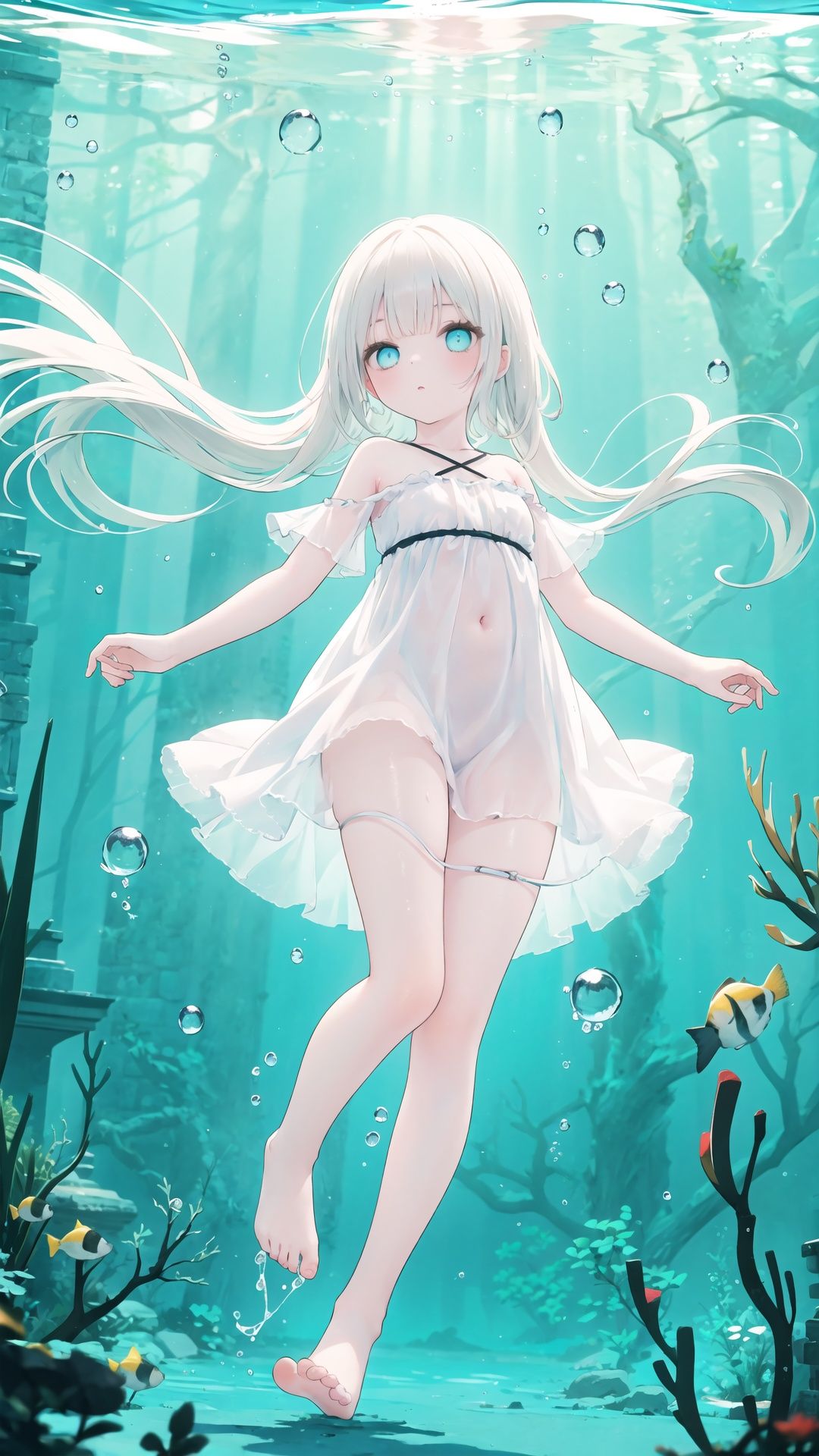  
parameters

wide shot,(solo:1.3),dramatic angle,(underwater:1.2),masterpiece,best quality,intricate detail,1girl,swimming,loli,(long hair:1.2),solo,expressionless,blue eyes,looking_up,shoulder strap dress,floating hair,floating clothes,god rays,bubble,barefoot,(full body:1.2),outstretched arm,