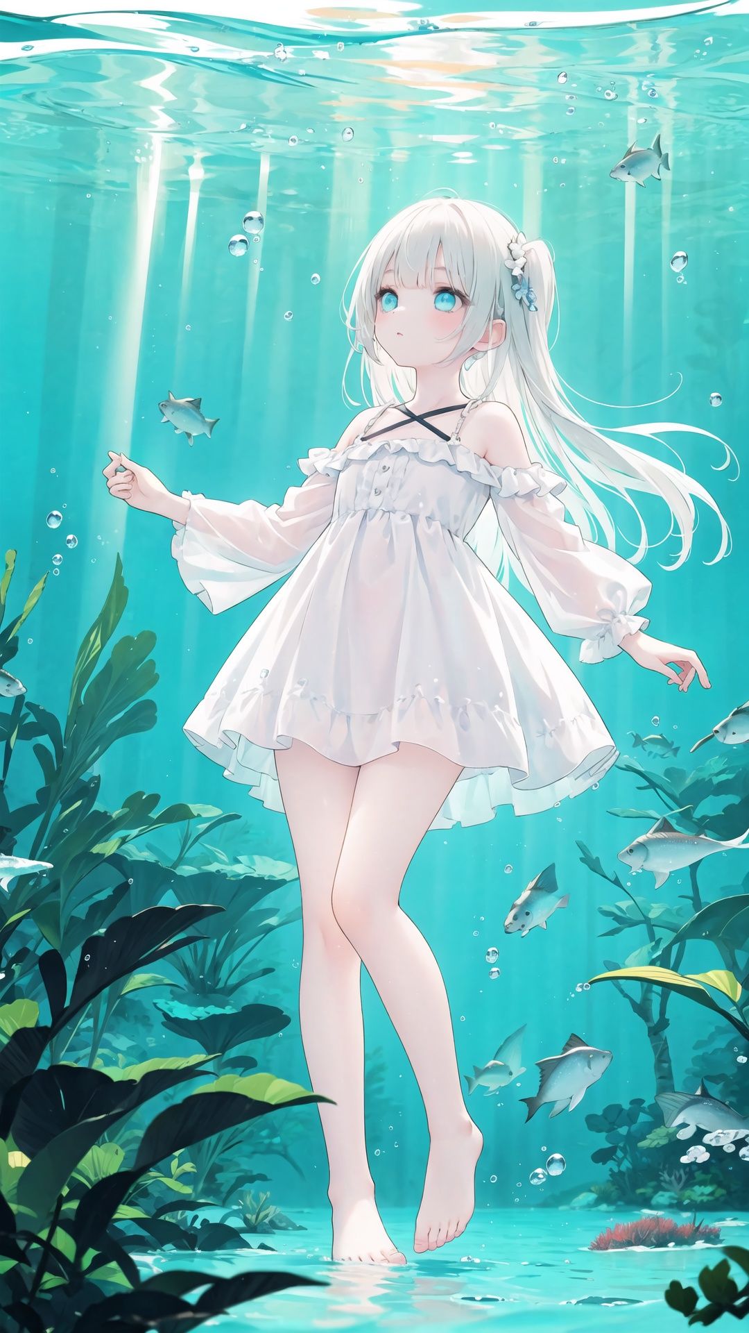  
parameters

wide shot,(solo:1.3),dramatic angle,(underwater:1.2),masterpiece,best quality,intricate detail,1girl,swimming,loli,(long hair:1.2),solo,expressionless,blue eyes,looking_up,shoulder strap dress,floating hair,floating clothes,god rays,bubble,barefoot,(full body:1.2),outstretched arm,