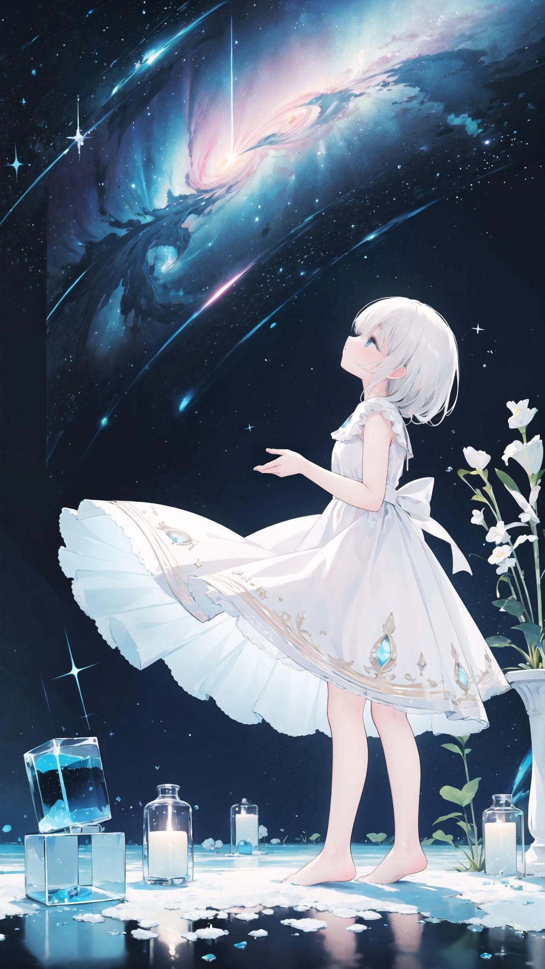 (silver, glimmer)), contrast, phenomenal aesthetic, best quality, sumptuous artwork, (masterpiece), (best quality), (ultra-detailed), (((illustration))), ((an extremely delicate and beautiful)), (detailed light),

Blue Theme, cold theme, broken glass, broken wall, ((an array of stars)), ((starry sky)), the Milky Way, star, Reflecting the starry water surface,


(1girl:1.3), awhite hair, blinking, white dress, closed mouth, constel lation, flat color, white hair, braid, blinking, white robe, barefoot, float, flat color, looking up, standing, medium hair, standing, solo, space, universe, Nebula, many stars, fanxing, A skirt adorned with starry sky decorations, (((Starry sky adorns beautiful detailed dress))), The starry sky covered the entire dress