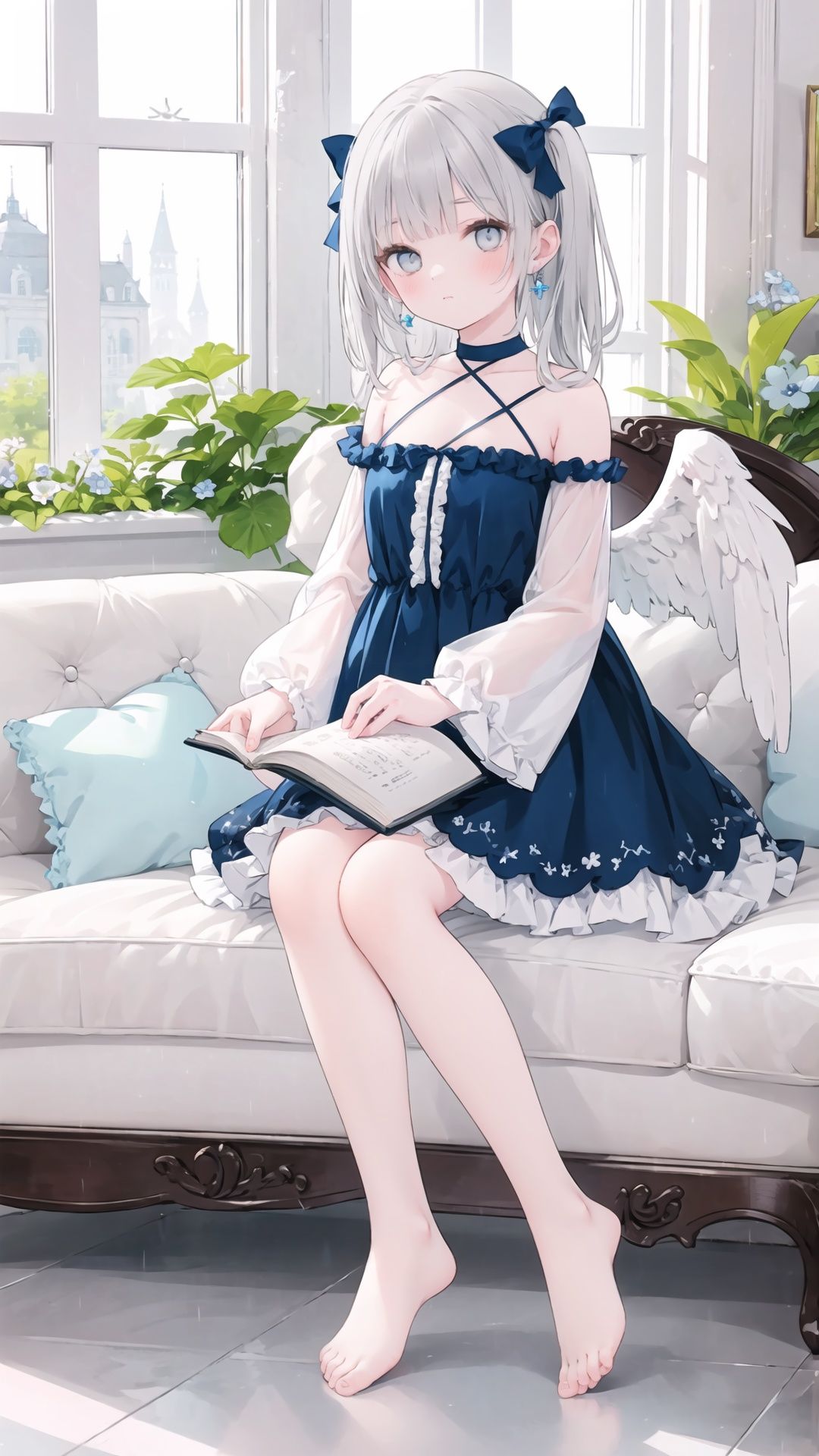 1girl, solo, long hair, wings, feathered wings, book, barefoot, bow, flower, hair bow, sitting, bare shoulders, grey eyes, bangs, very long hair, white wings, blue bow, indoors, strapless, skirt, collarbone, dress, breasts, blue skirt, closed mouth, frills, strapless dress, open book, rain, holding, chair, jewelry, window, couch, earrings, blurry, detached sleeves, grey hair, rose, full body, looking at viewer, blue flower, angel wings