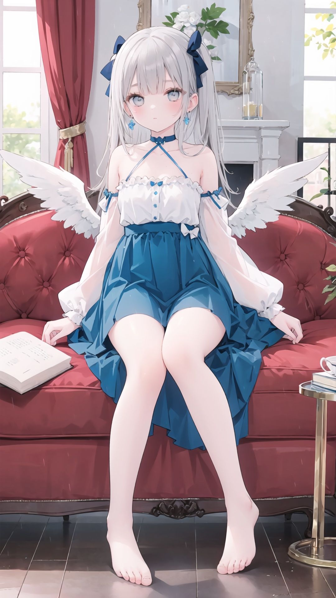  1girl, solo, long hair, wings, feathered wings, book, barefoot, bow, flower, hair bow, sitting, bare shoulders, grey eyes, bangs, very long hair, white wings, blue bow, indoors, strapless, skirt, collarbone, dress, breasts, blue skirt, closed mouth, frills, strapless dress, open book, rain, holding, chair, jewelry, window, couch, earrings, blurry, detached sleeves, grey hair, rose, full body, looking at viewer, blue flower, angel wings