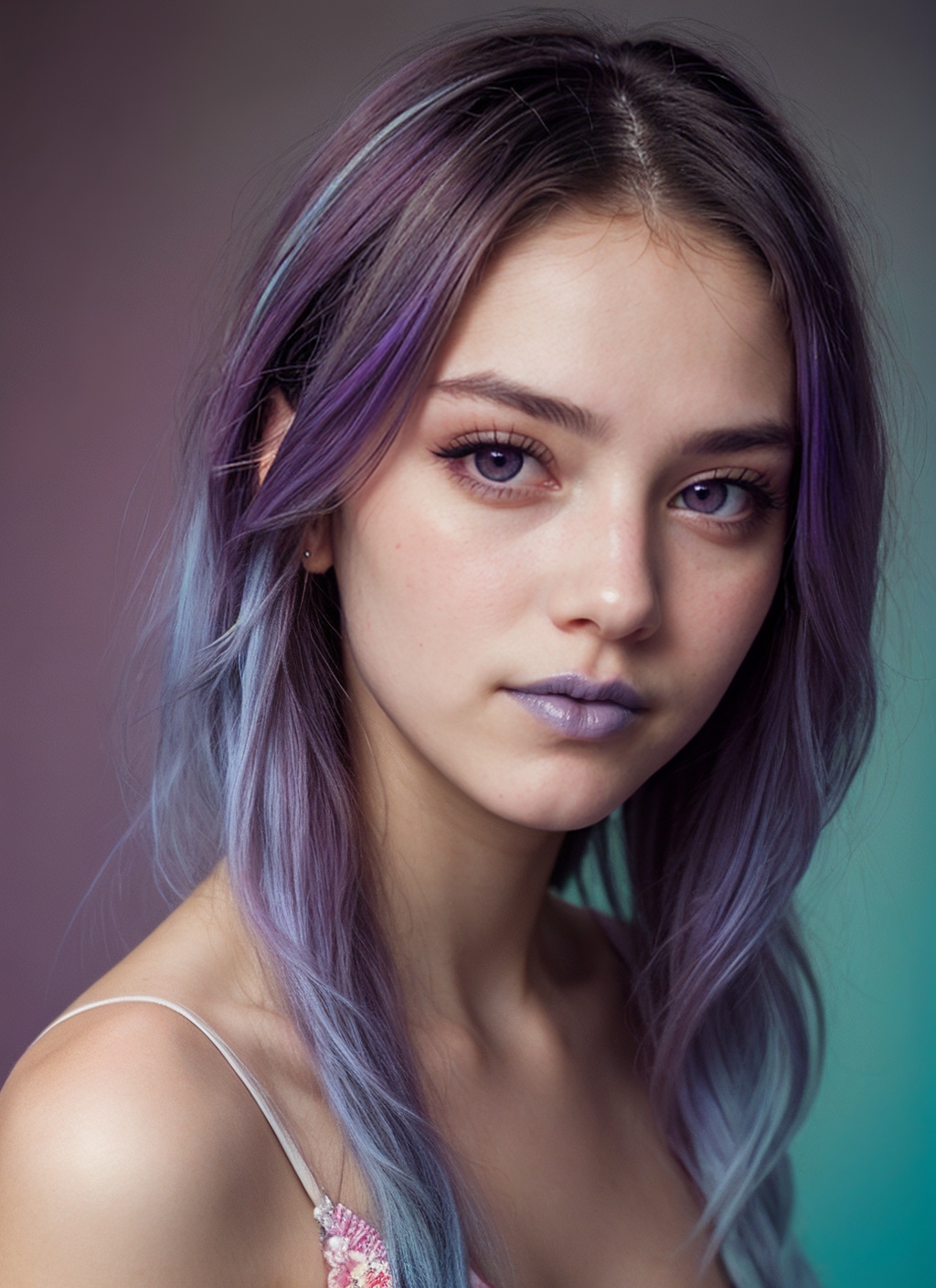 portrait girl with colorful hair,  violet and cyan,  soft-focused on Tensor.Art